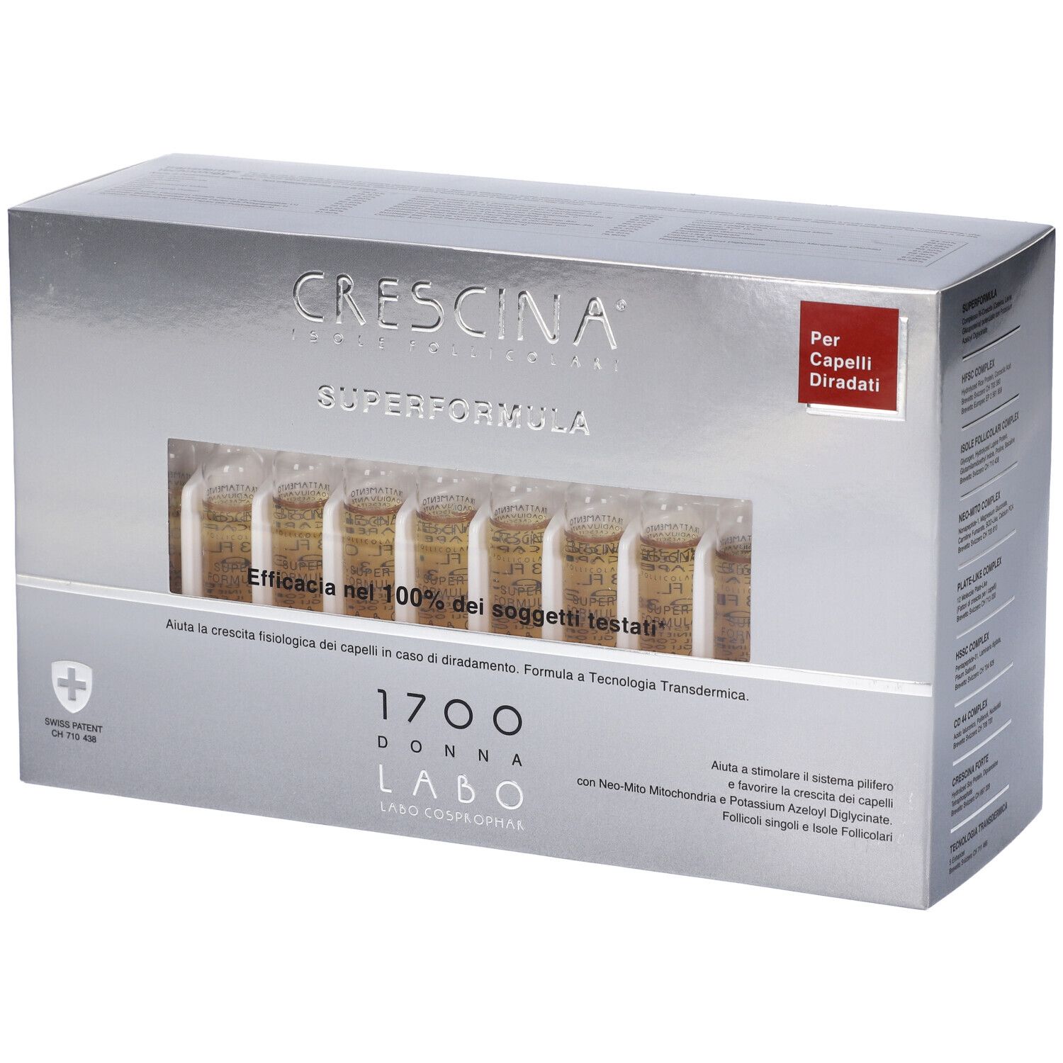 Confezione argento con fiale. Scritta: Crescina Superformula 1700 Donna. Per capelli diradati.