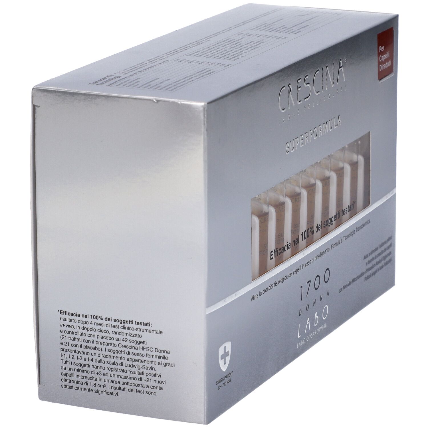 Confezione argento, angolata. Scritta: Crescina Superformula 1700 Donna. Per capelli diradati. Etichetta rossa.