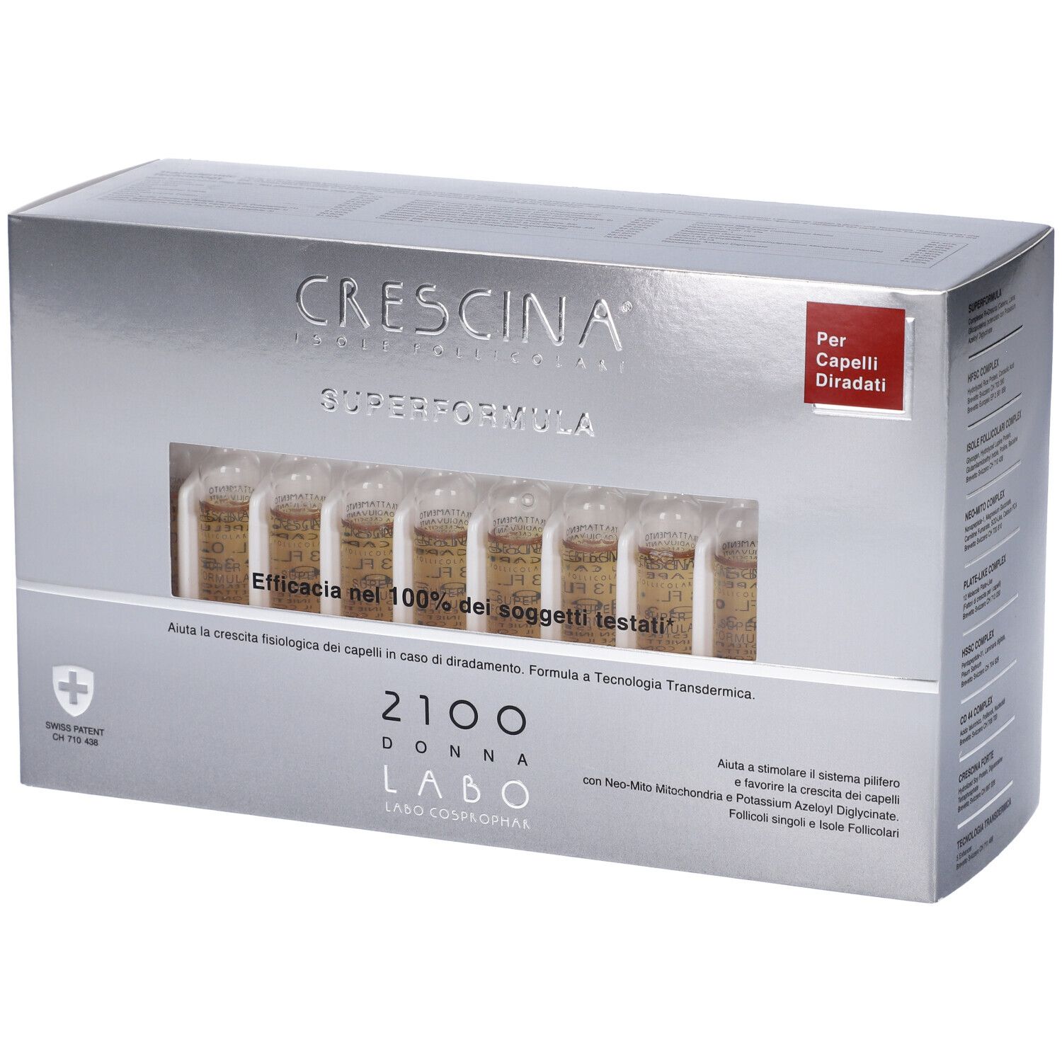 Scatola argentata con fiale. Scritta: Crescina Super Formula 2100 Donna. Fiale visibili.