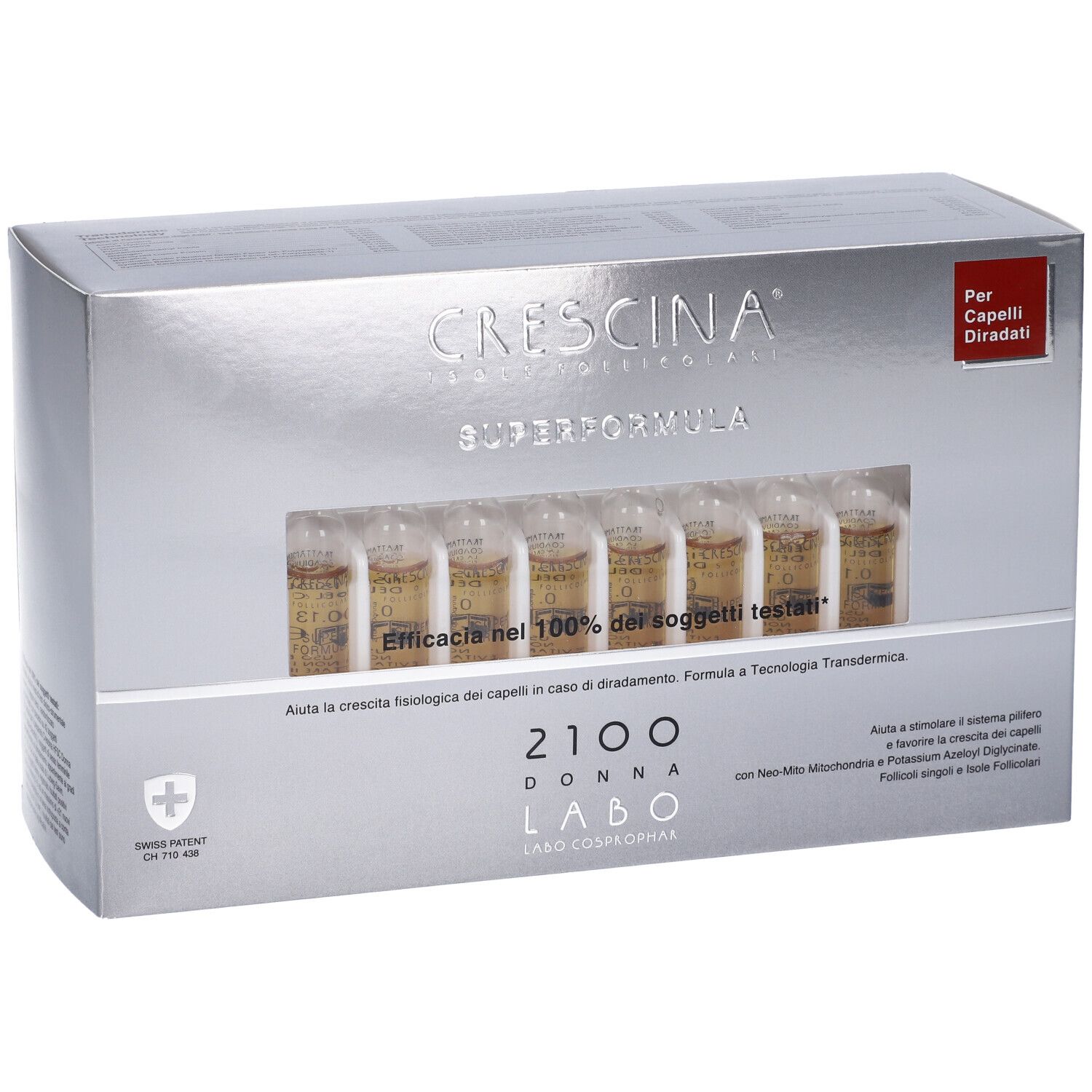 Scatola argentata con fiale. Scritta: Crescina Super Formula 2100 Donna. Fiale visibili.