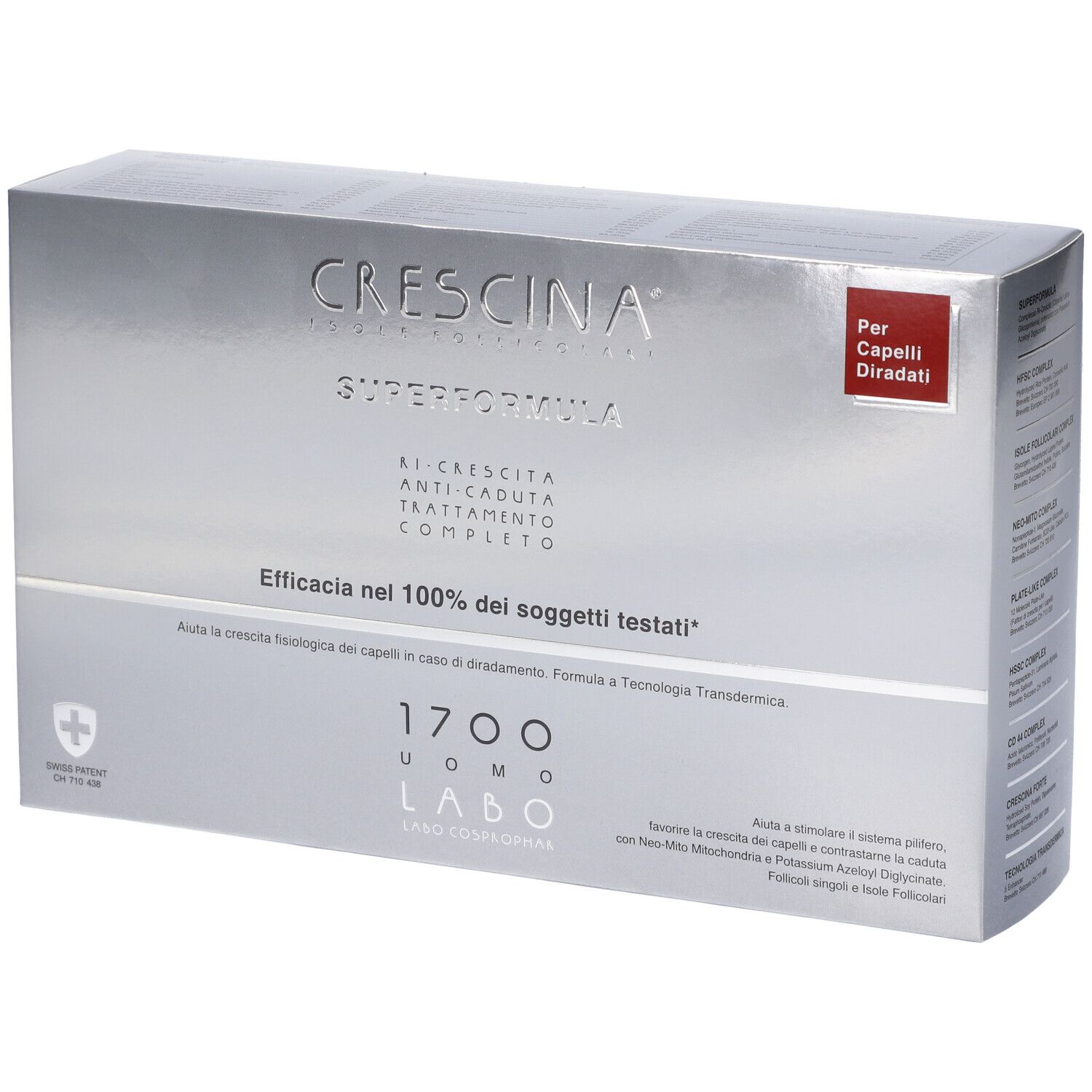 Scatola argentata Crescina Super Formula. Testo: 1700 Uomo Labo. Etichetta rossa: Per Capelli Diradati. Logo svizzero.