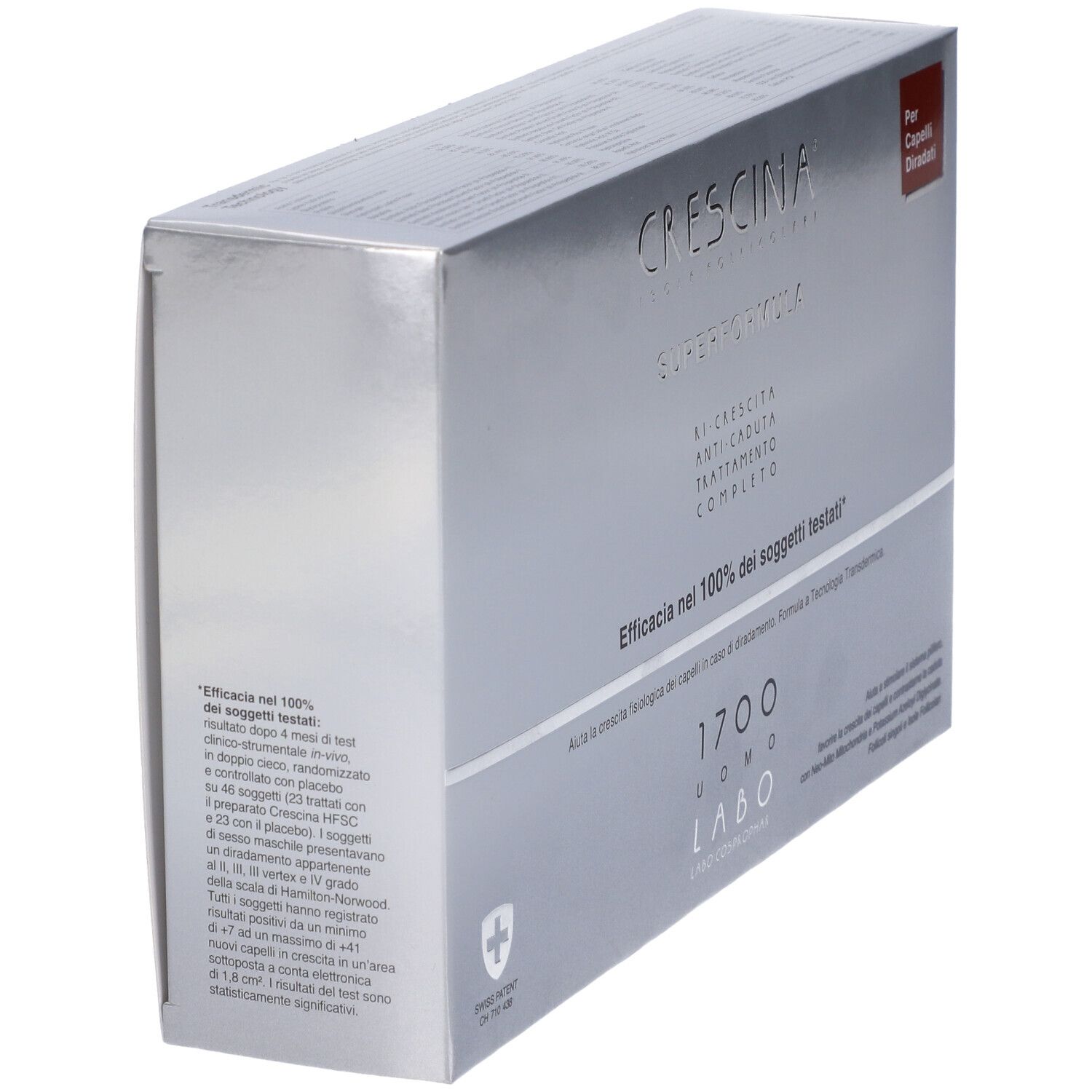 Scatola argentata Crescina Super Formula. Testo: 1700 Uomo Labo. Etichetta rossa: Per Capelli Diradati. Croce svizzera.