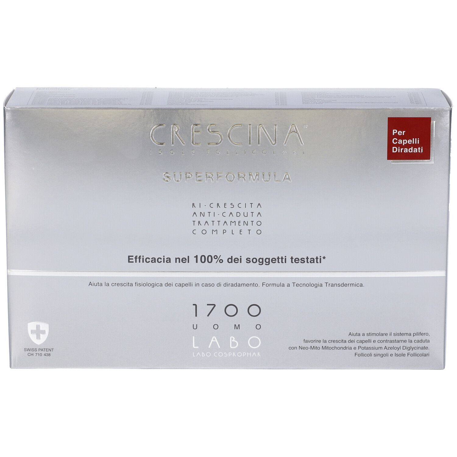 Scatola argentata Crescina Super Formula. Testo: 1700 Uomo Labo. Etichetta rossa: Per Capelli Diradati. Croce svizzera.