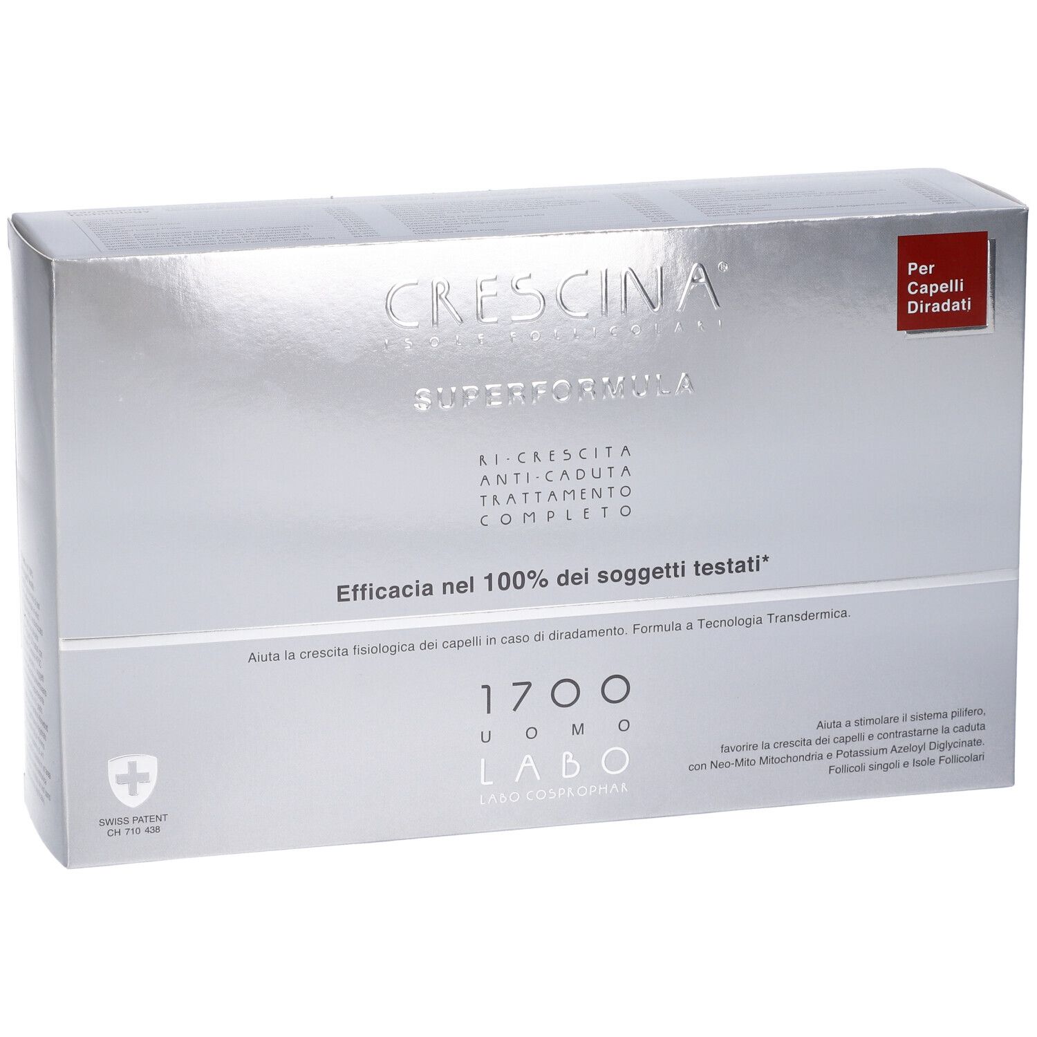 Scatola argentata Crescina Super Formula. Testo: 1700 Uomo Labo. Etichetta rossa: Per Capelli Diradati. Croce svizzera.