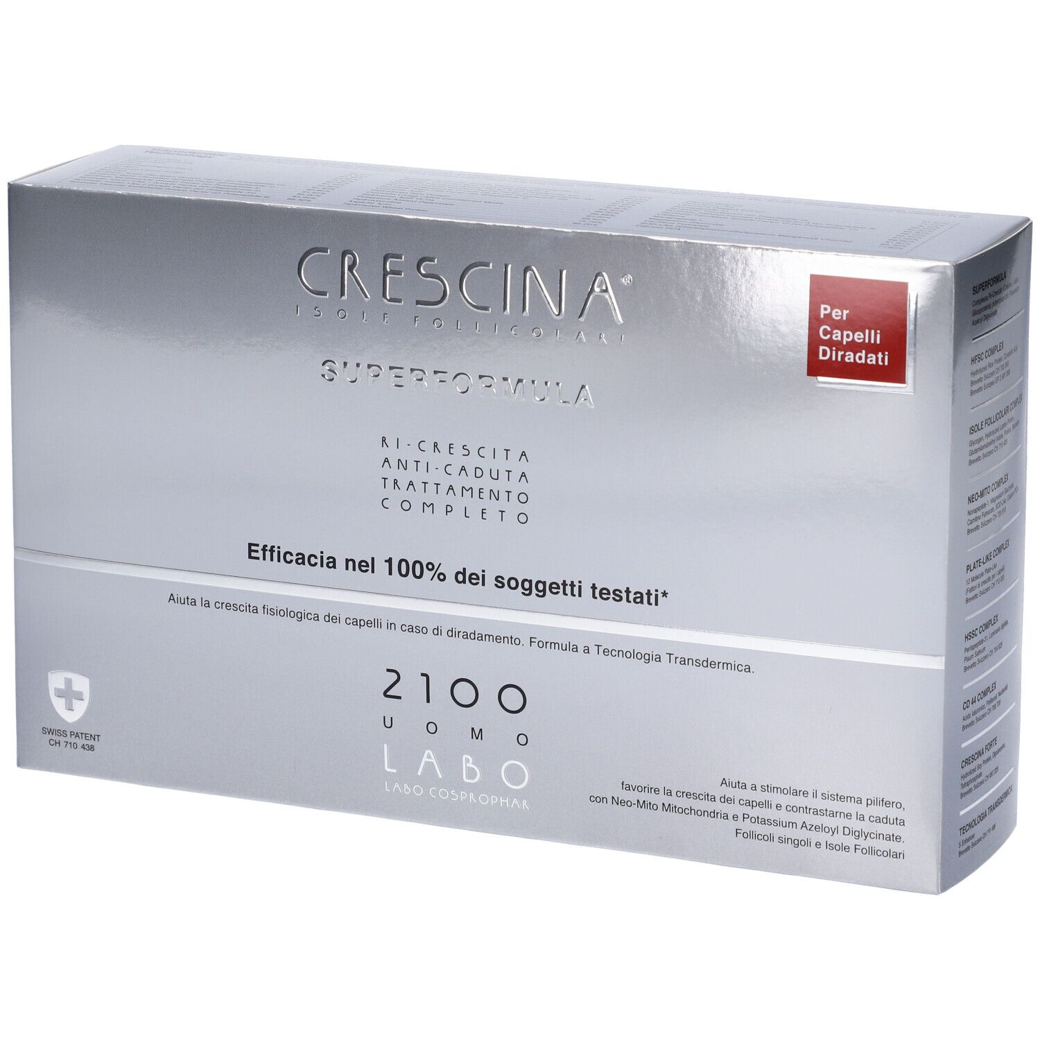 Confezione argento. Testo: Crescina Superformula, 2100 Uomo, trattamento anticaduta. Per capelli diradati.