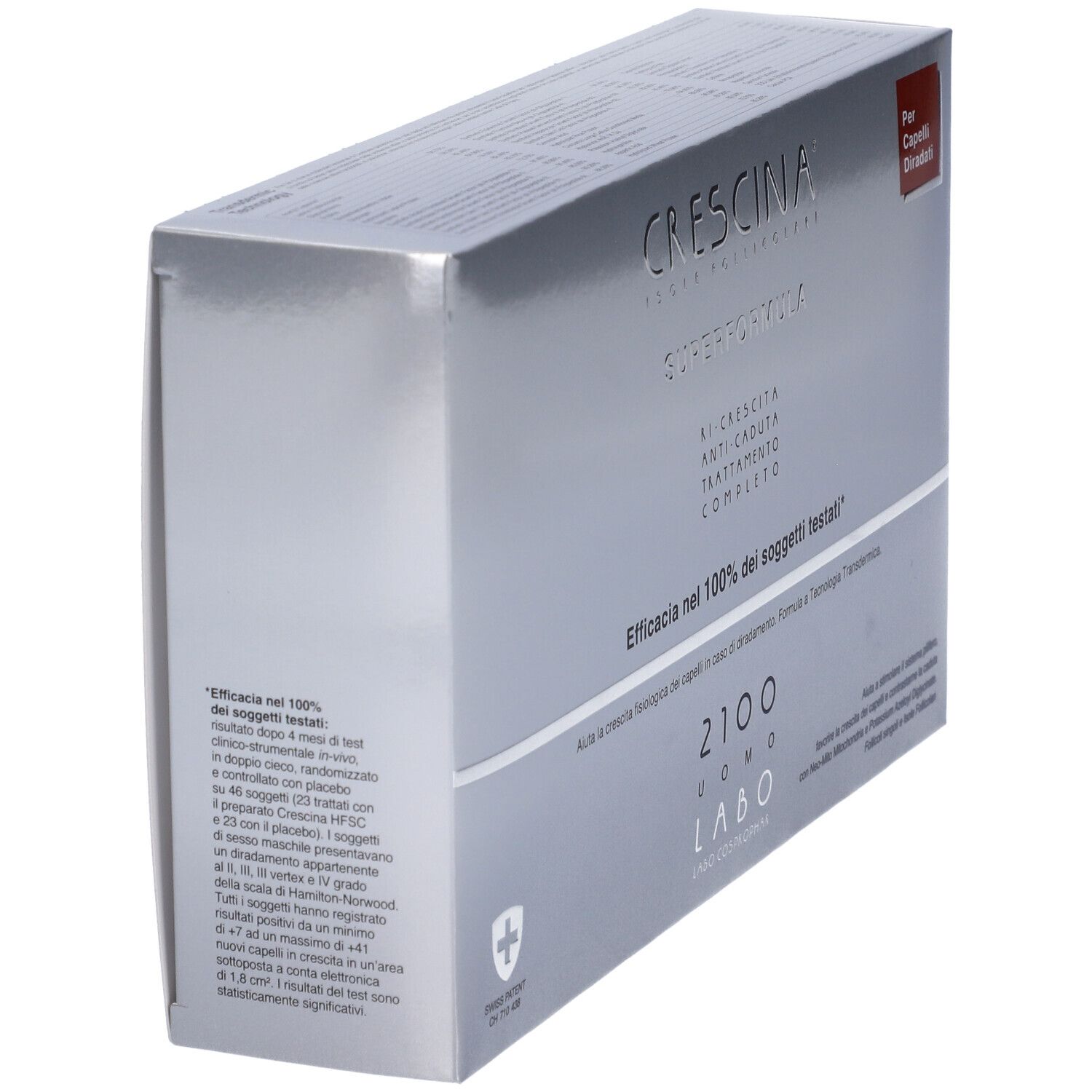 Confezione argento. Testo: Crescina Superformula, 2100 Uomo, trattamento anticaduta. Croce Svizzera.