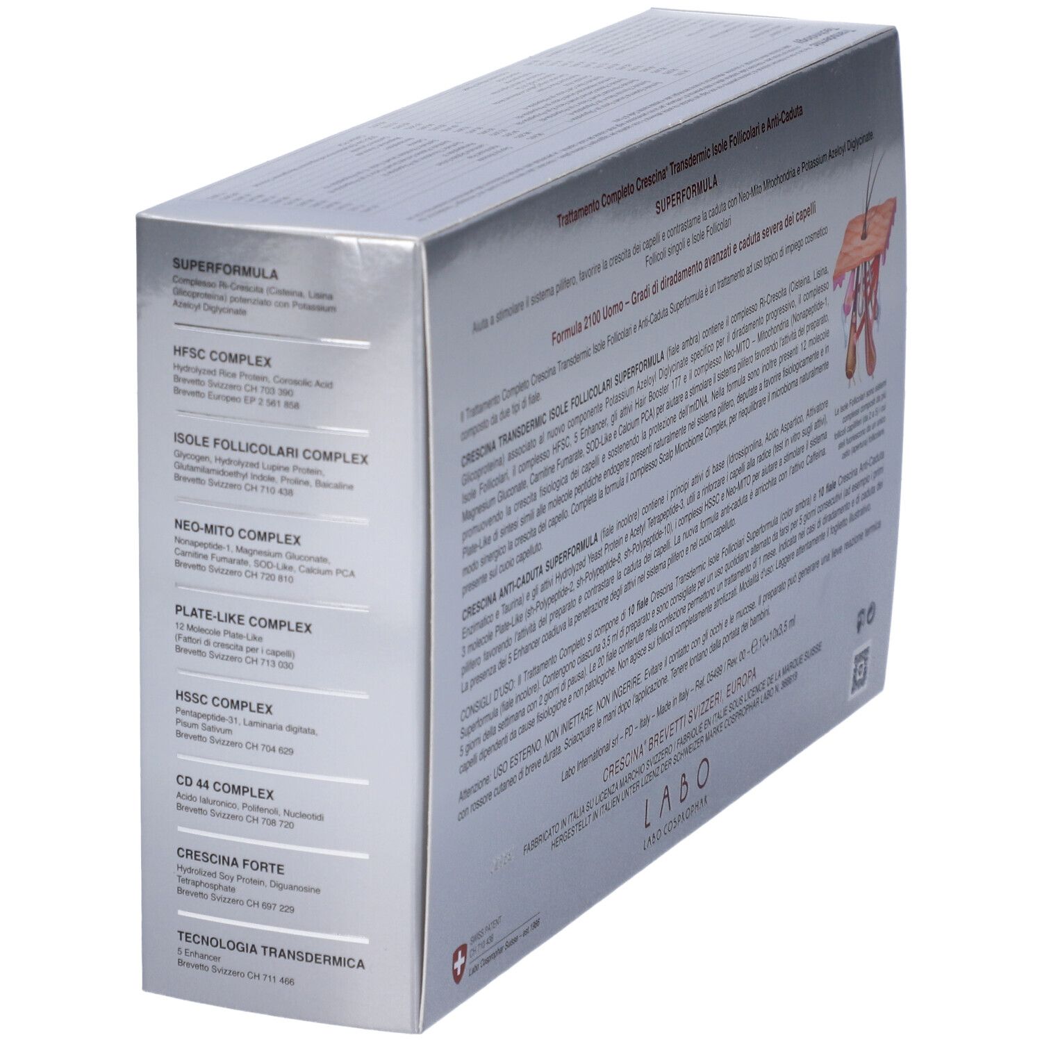 Lato confezione argento. Testo: Crescina Superformula, ingredienti, tecnologia Transdermica.