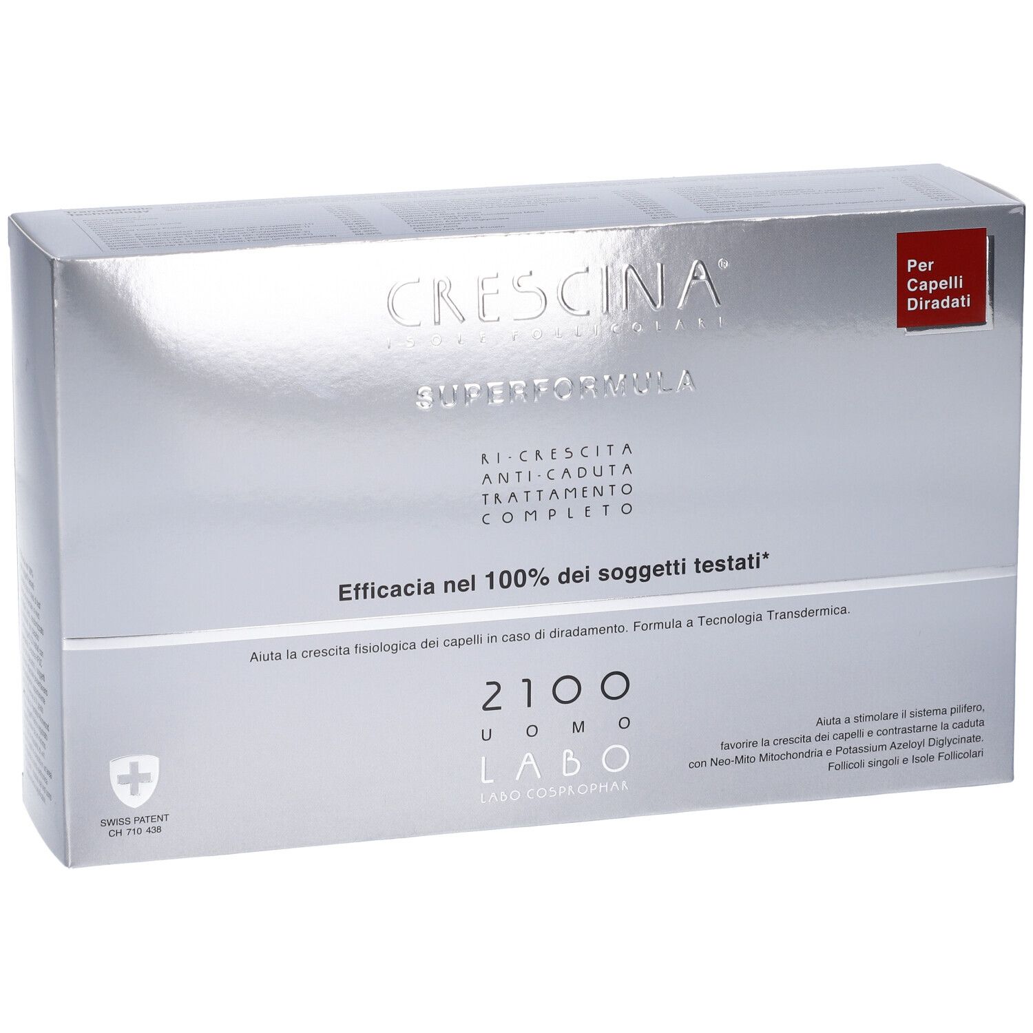 Confezione argento. Testo: Crescina Superformula, 2100 Uomo, trattamento anticaduta. Per capelli diradati.