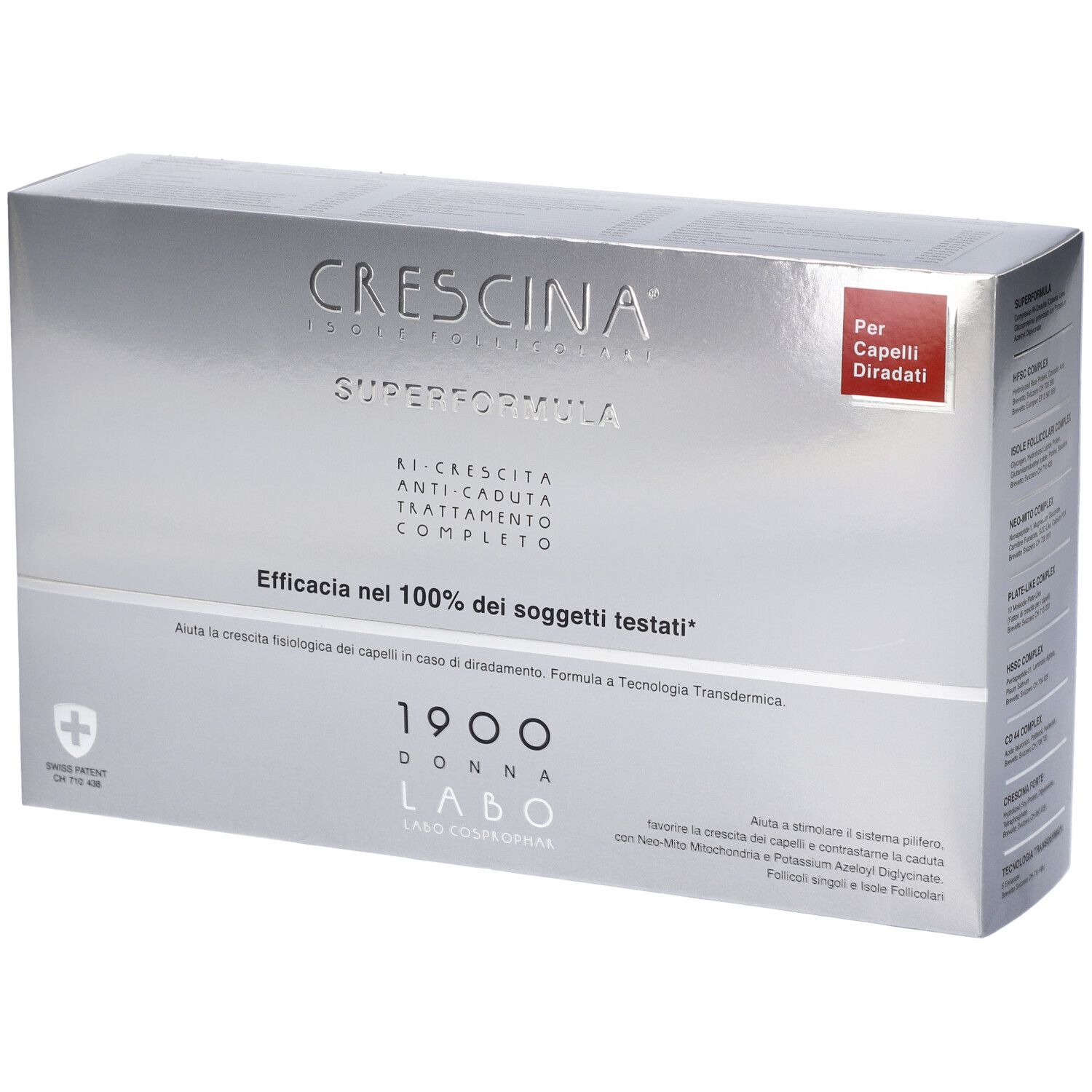 Scatola argento. Testo: Crescina Superformula, 1900 Donna, trattamento anticaduta. Per capelli diradati.