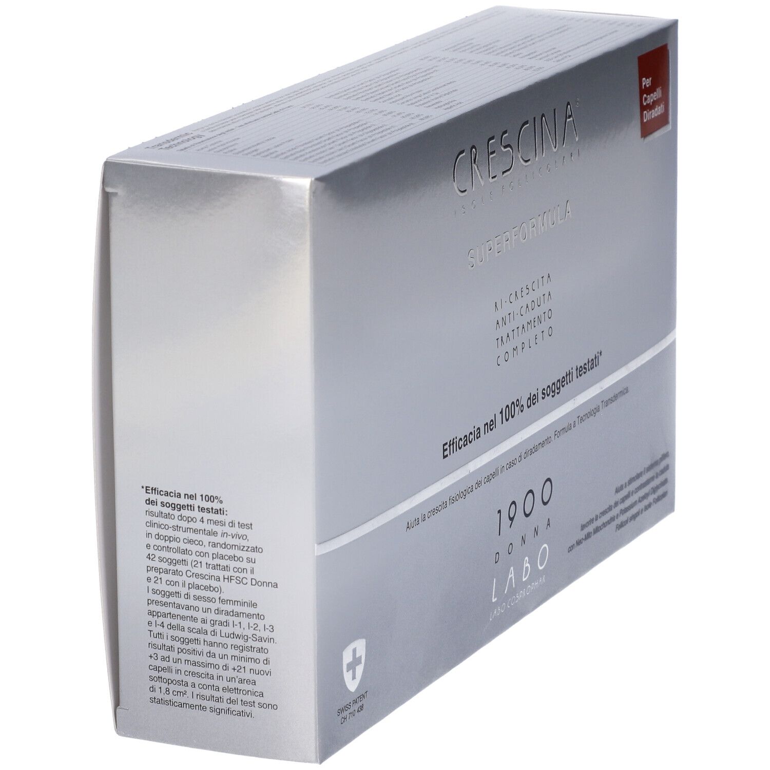 Scatola argento in diagonale. Testo: Crescina Superformula, 1900 Donna, trattamento anticaduta. Per capelli diradati.
