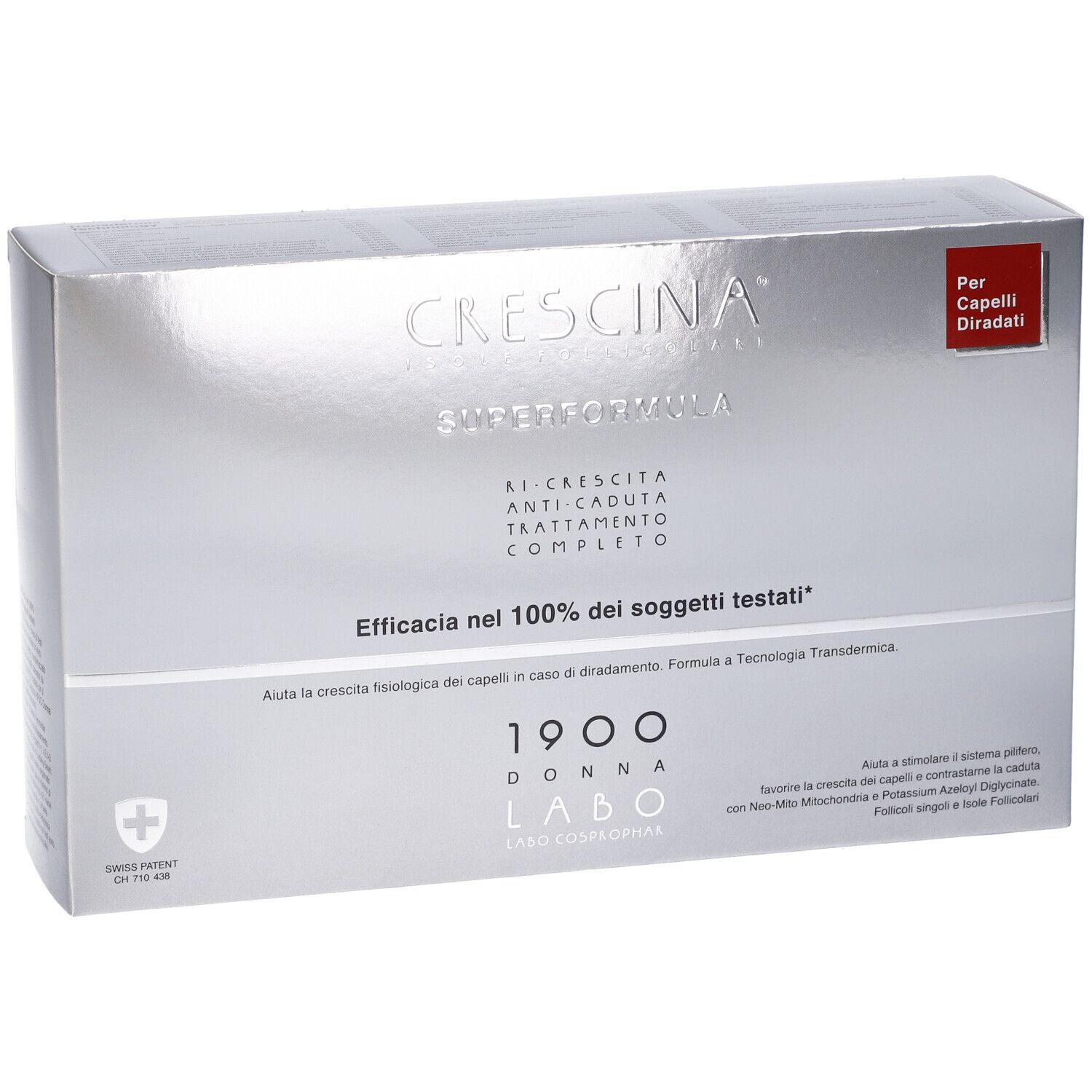 Scatola argento. Testo: Crescina Superformula, 1900 Donna, trattamento anticaduta. Per capelli diradati.
