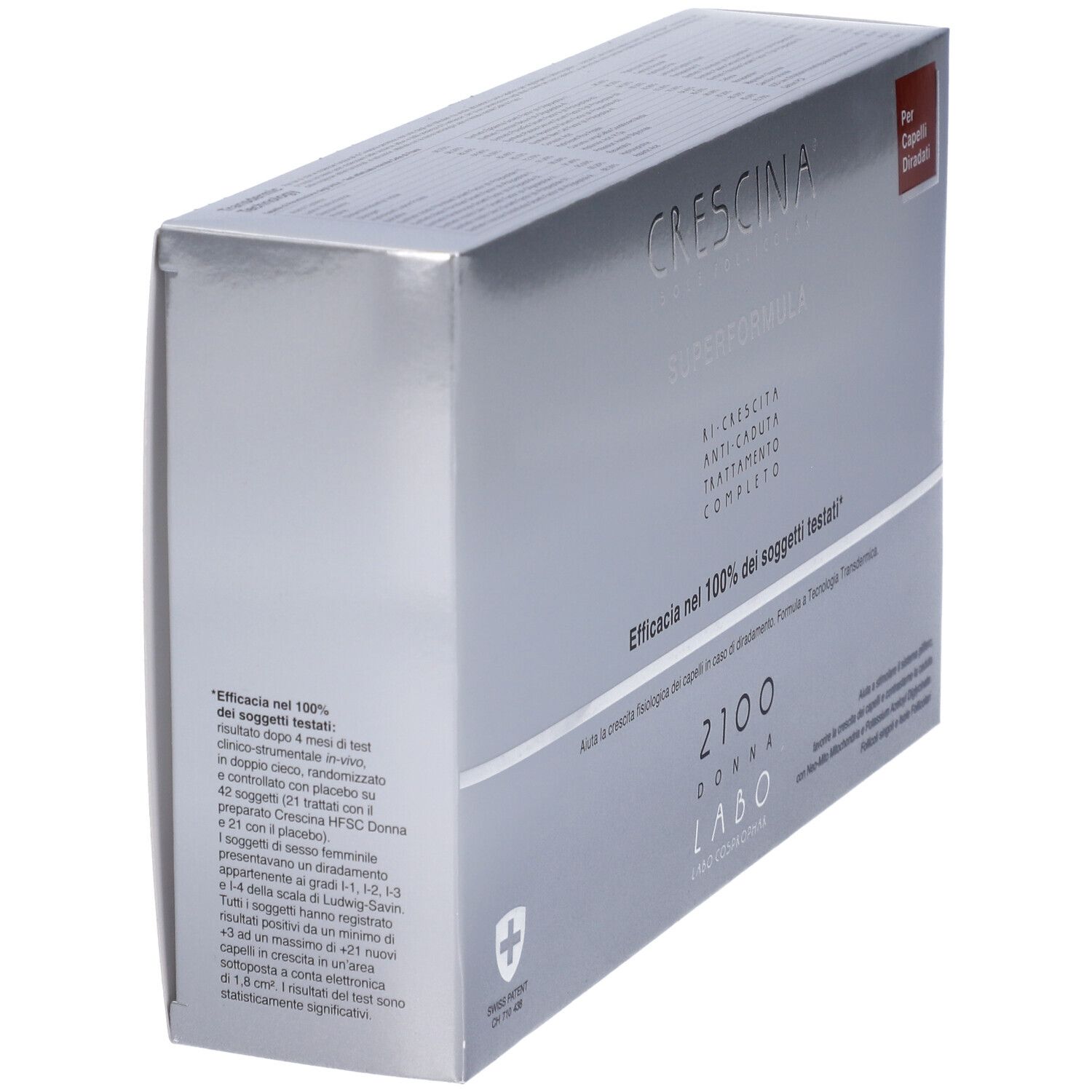 Confezione argentata inclinata. Testo: Crescina Super Formula, 2100 Donna. Etichetta rossa: Per Capelli Diradati. Italiano.