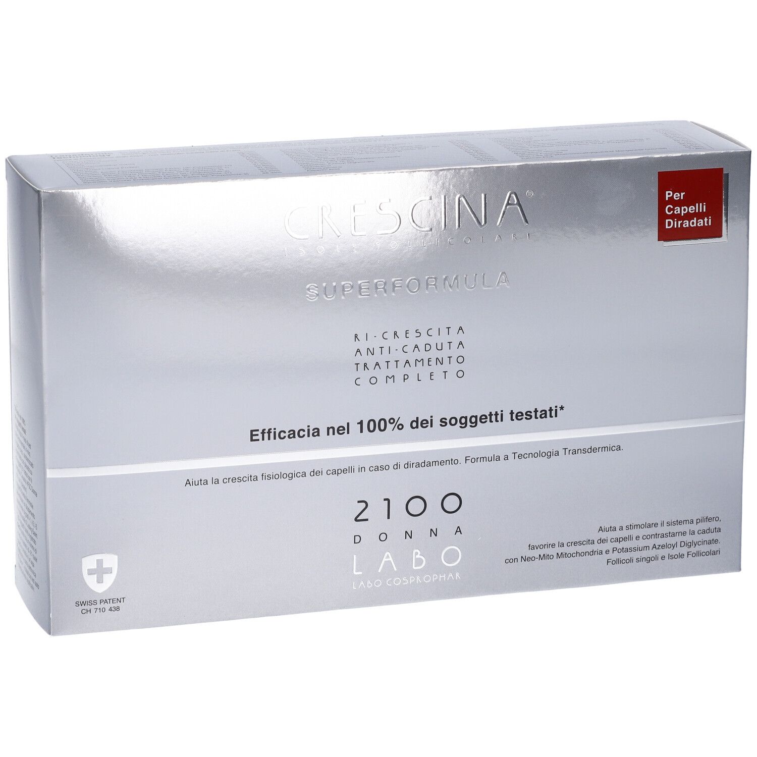 Confezione argentata Crescina Super Formula 2100 Donna. Etichetta rossa: Per Capelli Diradati. Testo in italiano.
