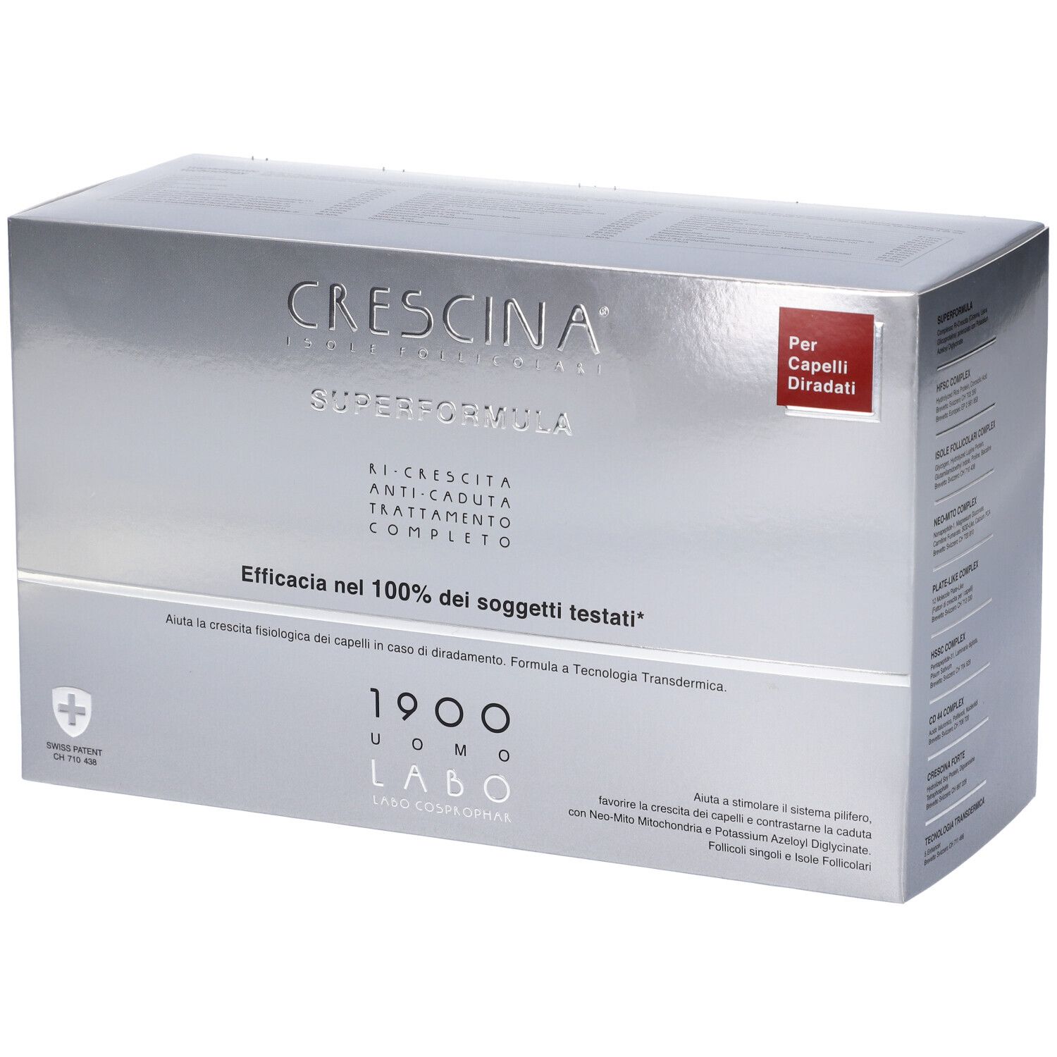 Confezione argentata Crescina Superformula 1900 Uomo Labo. Testo: Per Capelli Diradati. Marchio svizzero.
