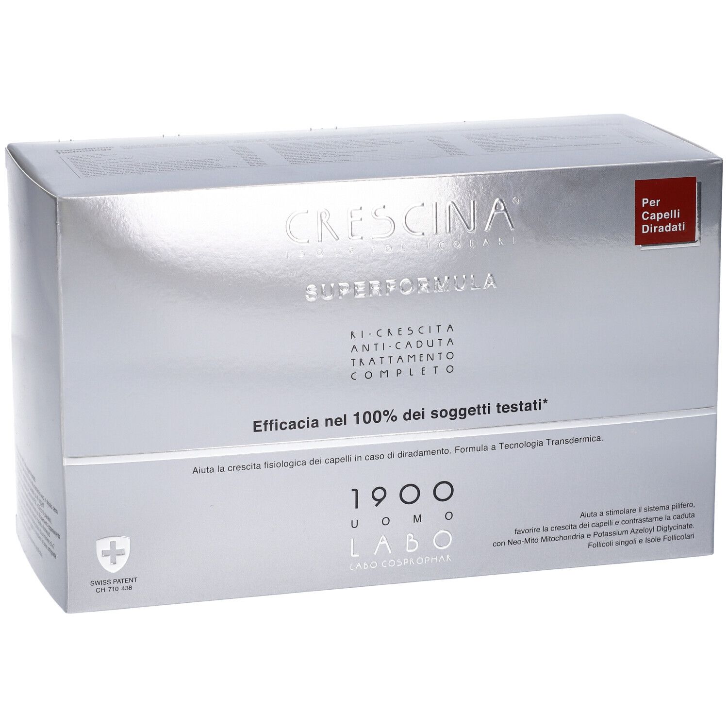 Confezione argentata Crescina Superformula 1900 Uomo Labo. Testo: Per Capelli Diradati. Croce svizzera.