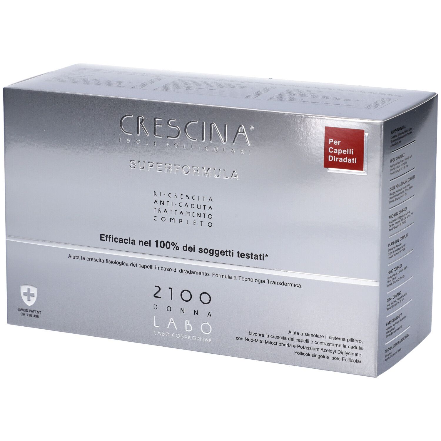 Confezione argento Crescina Superformula. Testo: 2100 Donna Labo. Per capelli diradati. Etichetta rossa.