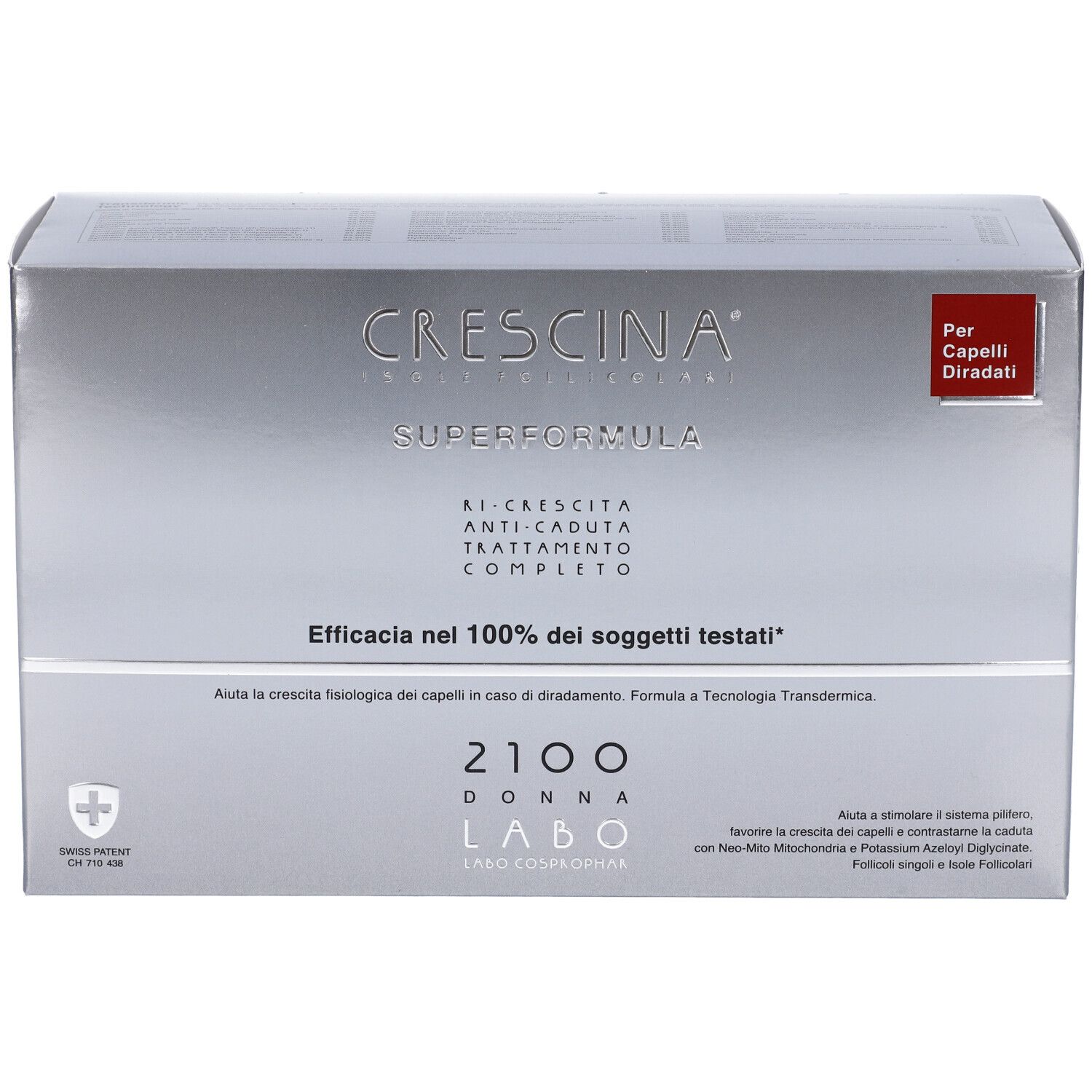 Confezione argento Crescina Superformula. Testo: 2100 Donna Labo. Per capelli diradati. Etichetta rossa.