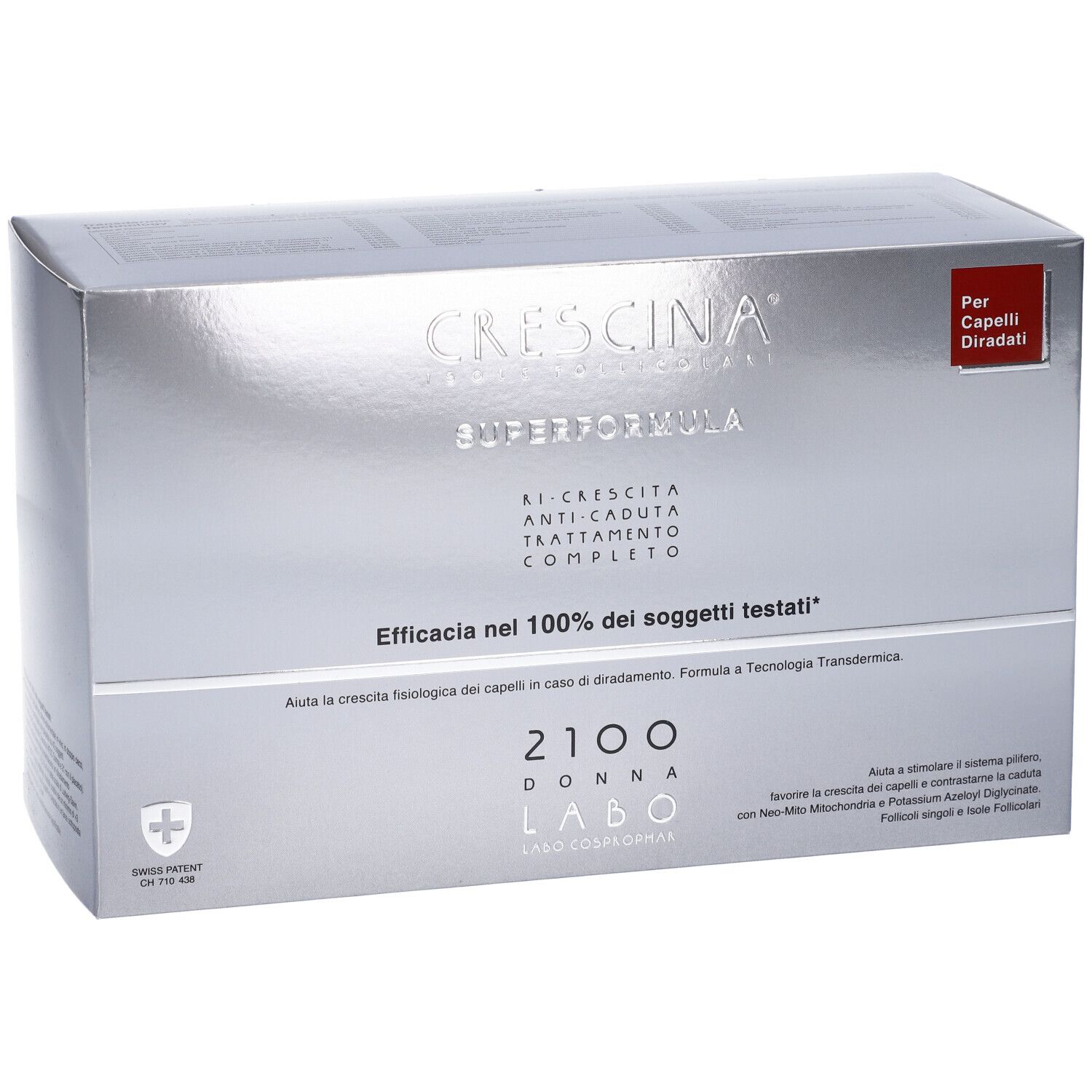 Confezione argento Crescina Superformula. Testo: 2100 Donna Labo. Per capelli diradati. Etichetta rossa.