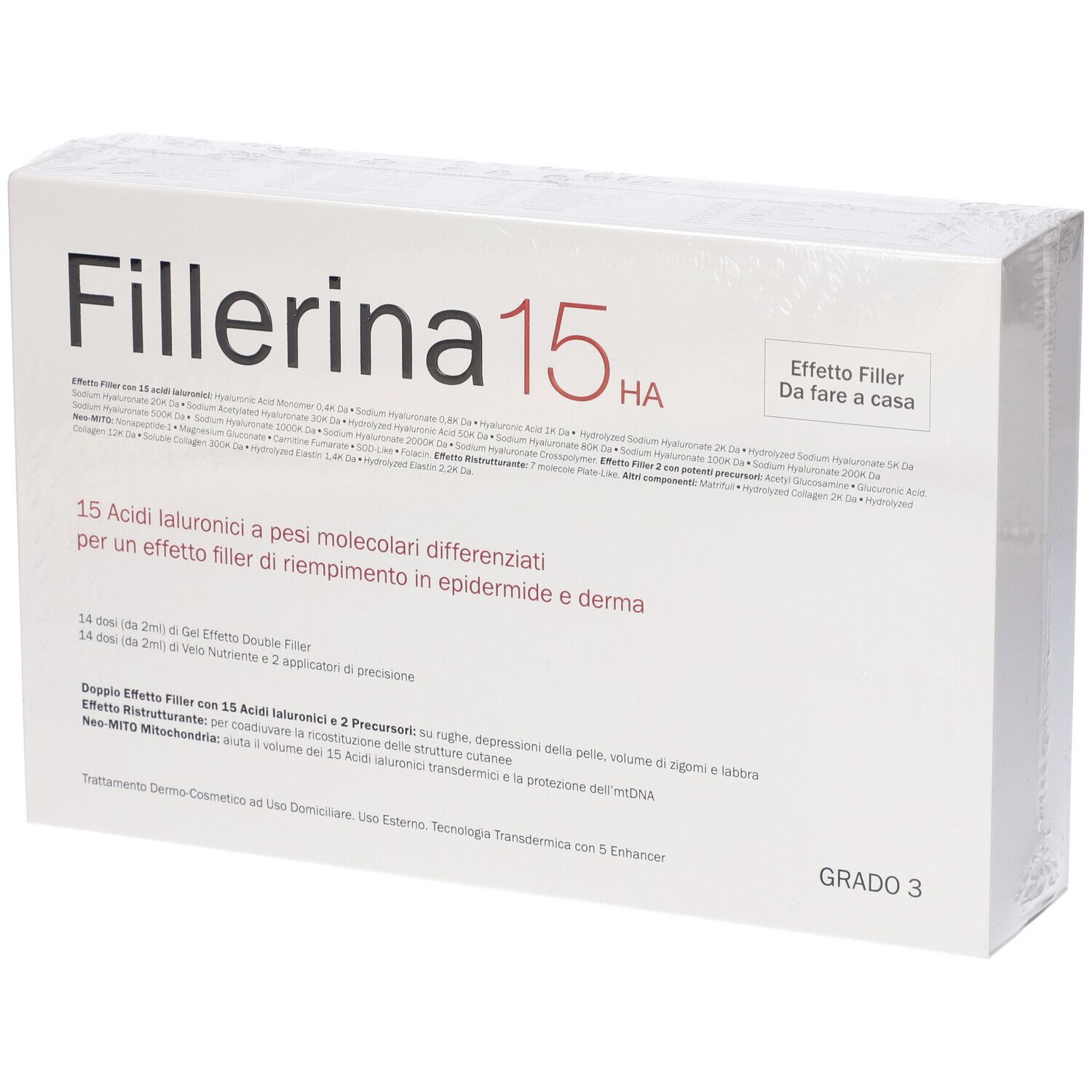 Scatola bianca con nome e testo del prodotto. Visibili "Fillerina 15 HA" e "Grado 3".