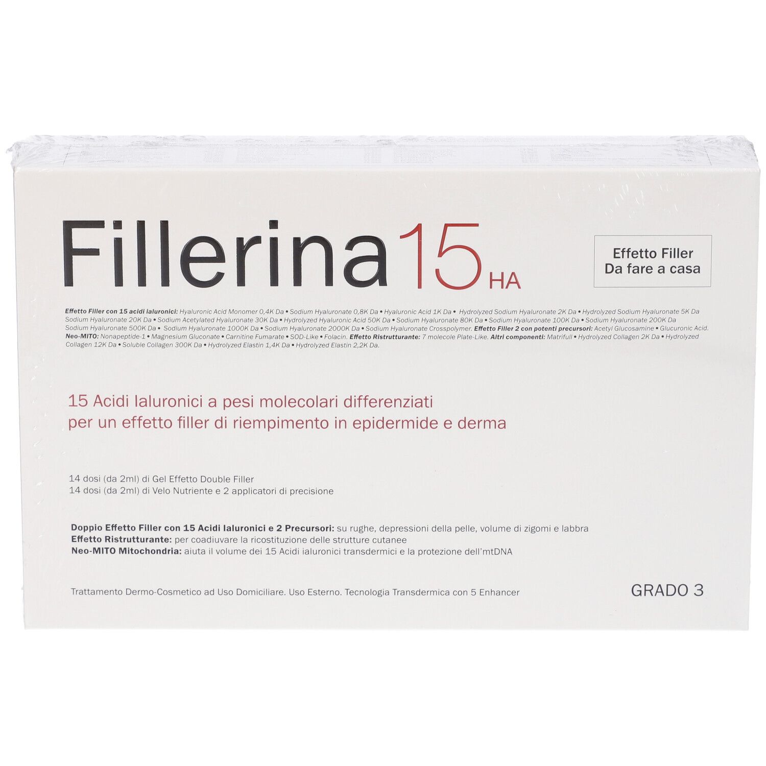 Scatola bianca con nome e testo del prodotto. Visibili "Fillerina 15 HA" e "Grado 3".