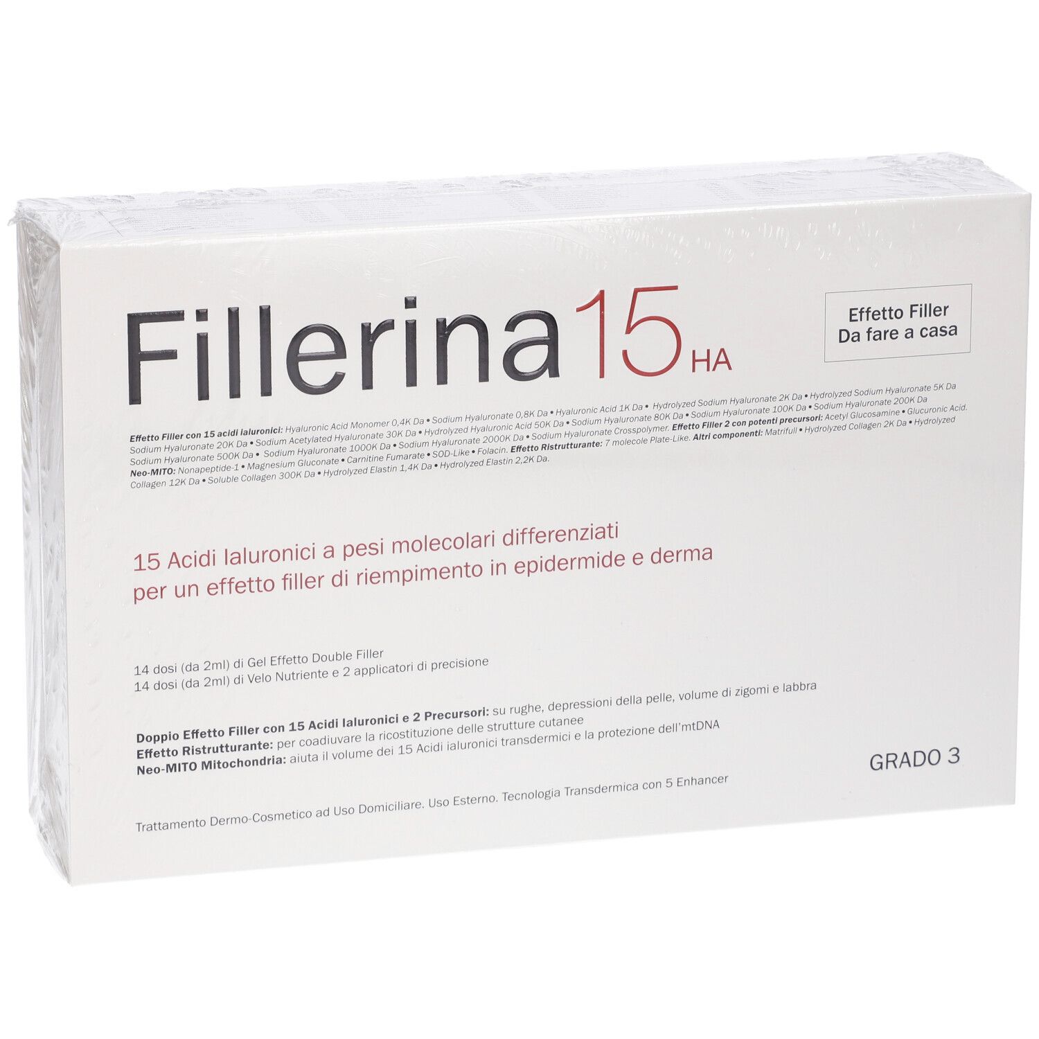Scatola bianca con nome e testo del prodotto. Visibili "Fillerina 15 HA" e "Grado 3".