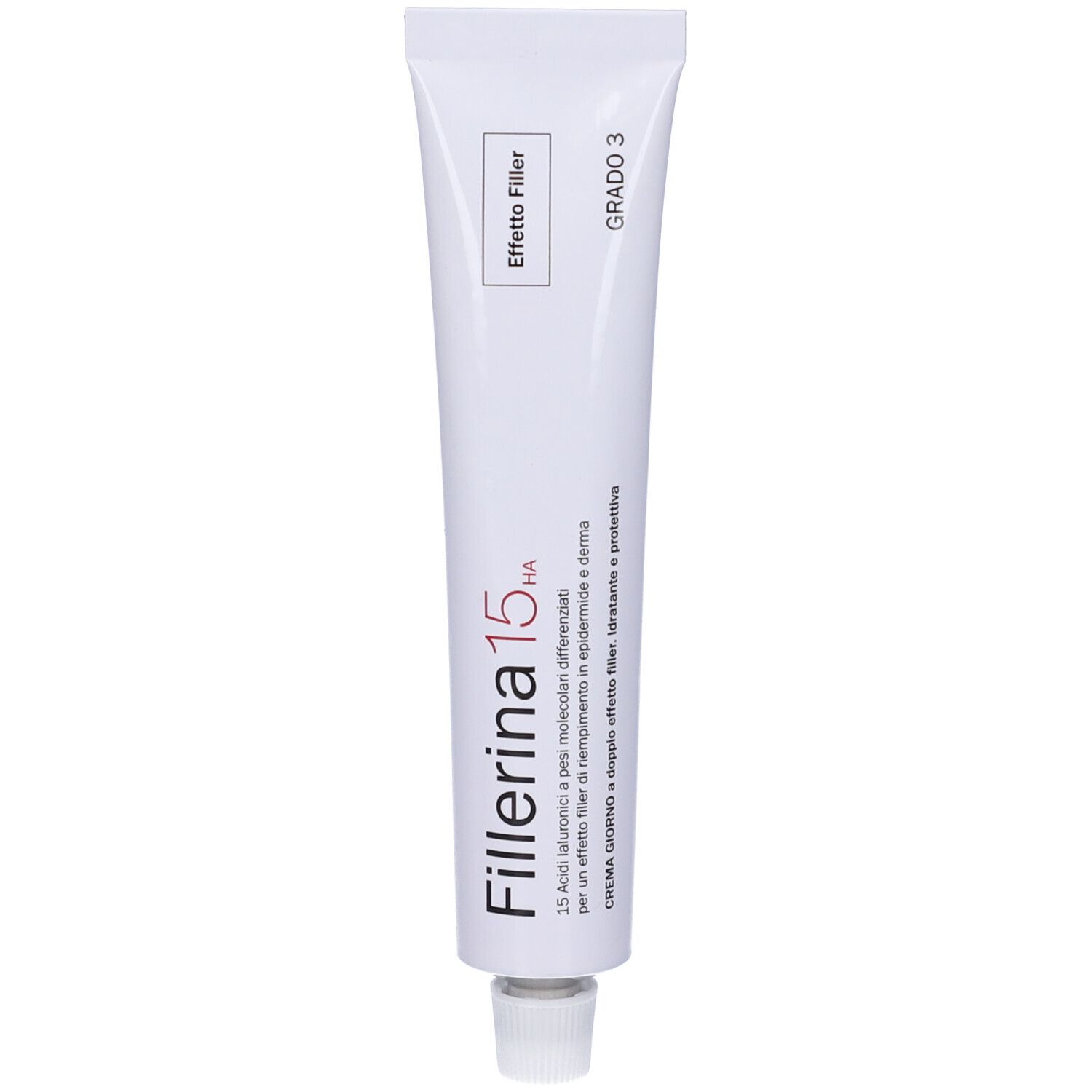 Tubo bianco con scritta Fillerina 15 HA e Grado 3. Contiene crema.