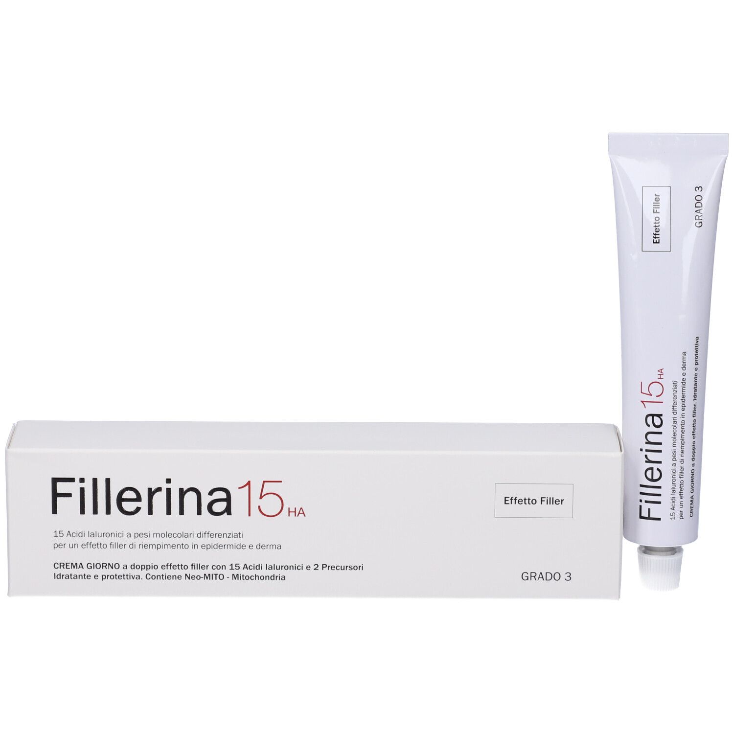 Confezione prodotto con tubo. Scritta Fillerina 15 HA e Grado 3. Contiene crema.