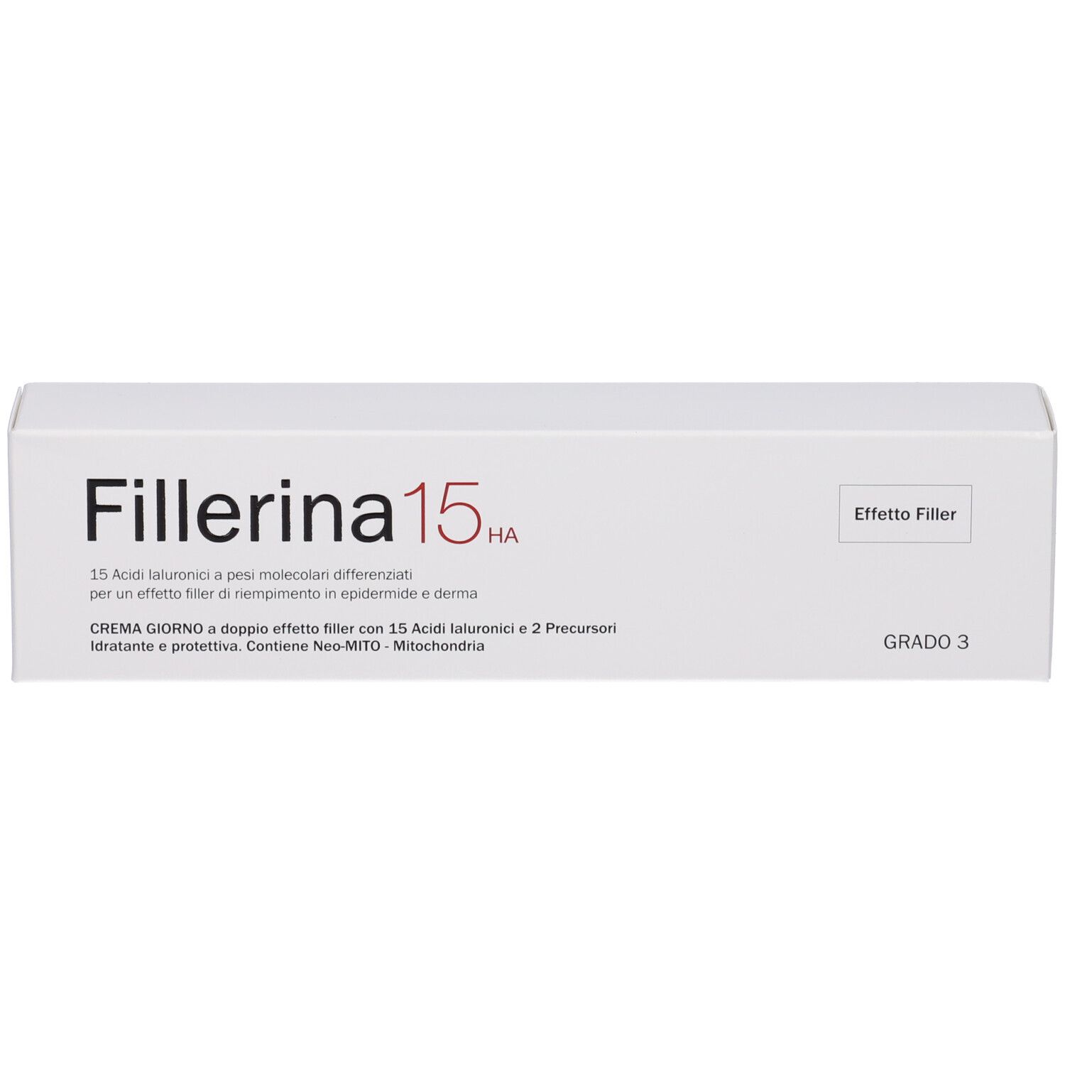 Confezione bianca con scritta Fillerina 15 HA e Grado 3. Contiene crema.