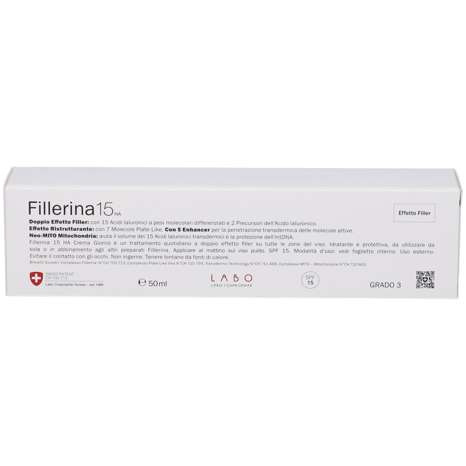 Confezione con scritta Fillerina 15 HA, Grado 3 e 50ml. Contiene crema.