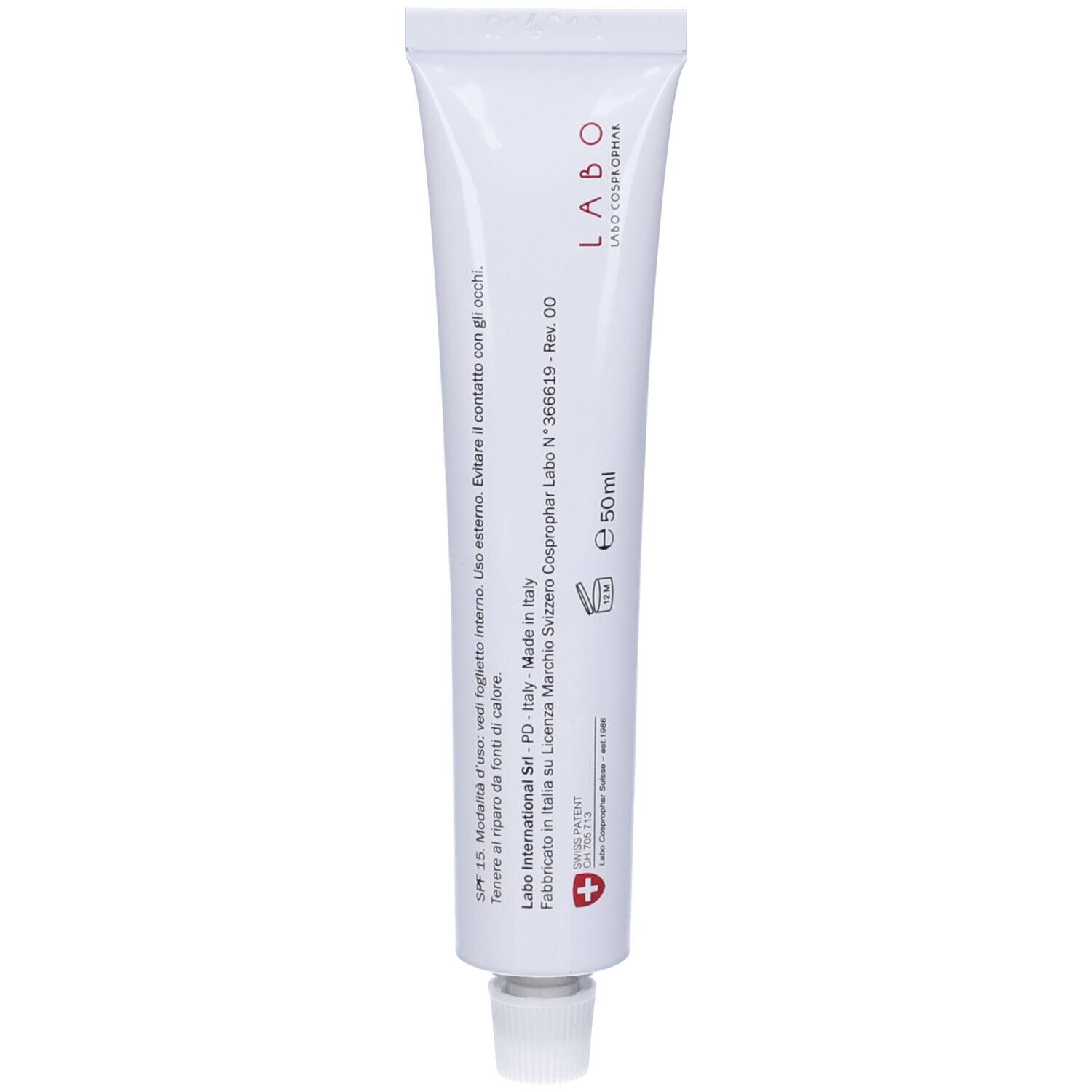 Tubo bianco con scritta 'LABO' e '50 ml'. Croce Svizzera.