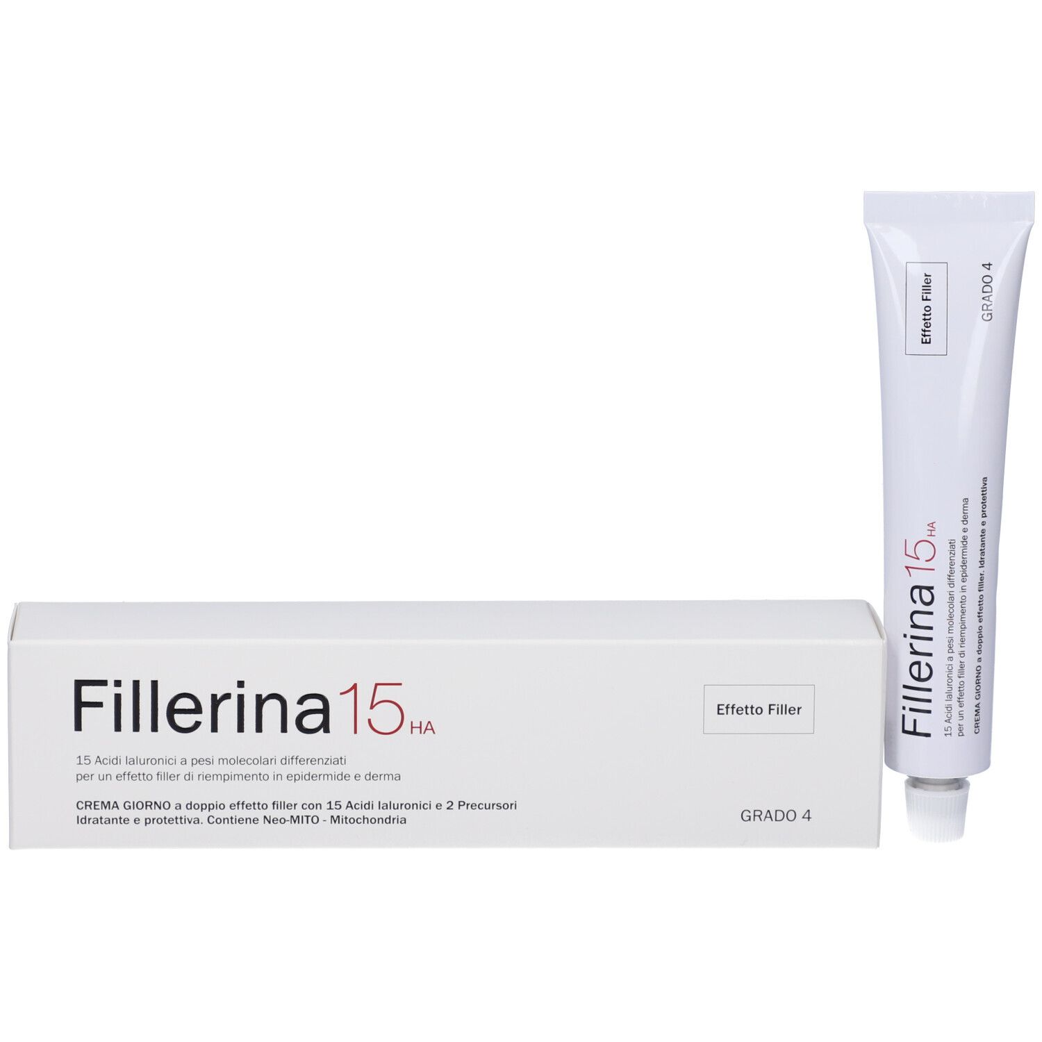 Confezione prodotto con tubo. Scritta 'Fillerina 15 HA' e 'Grado 4'.