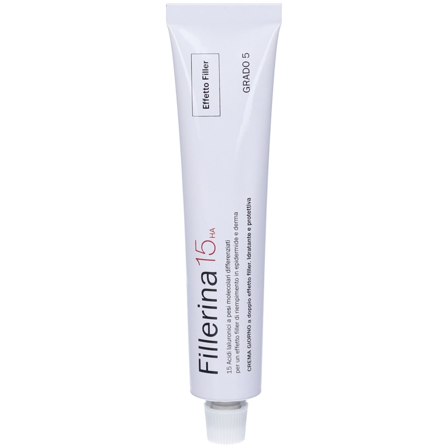 Tubo bianco con scritta Fillerina 15 HA. Tappo e testo neri. Grado 5.