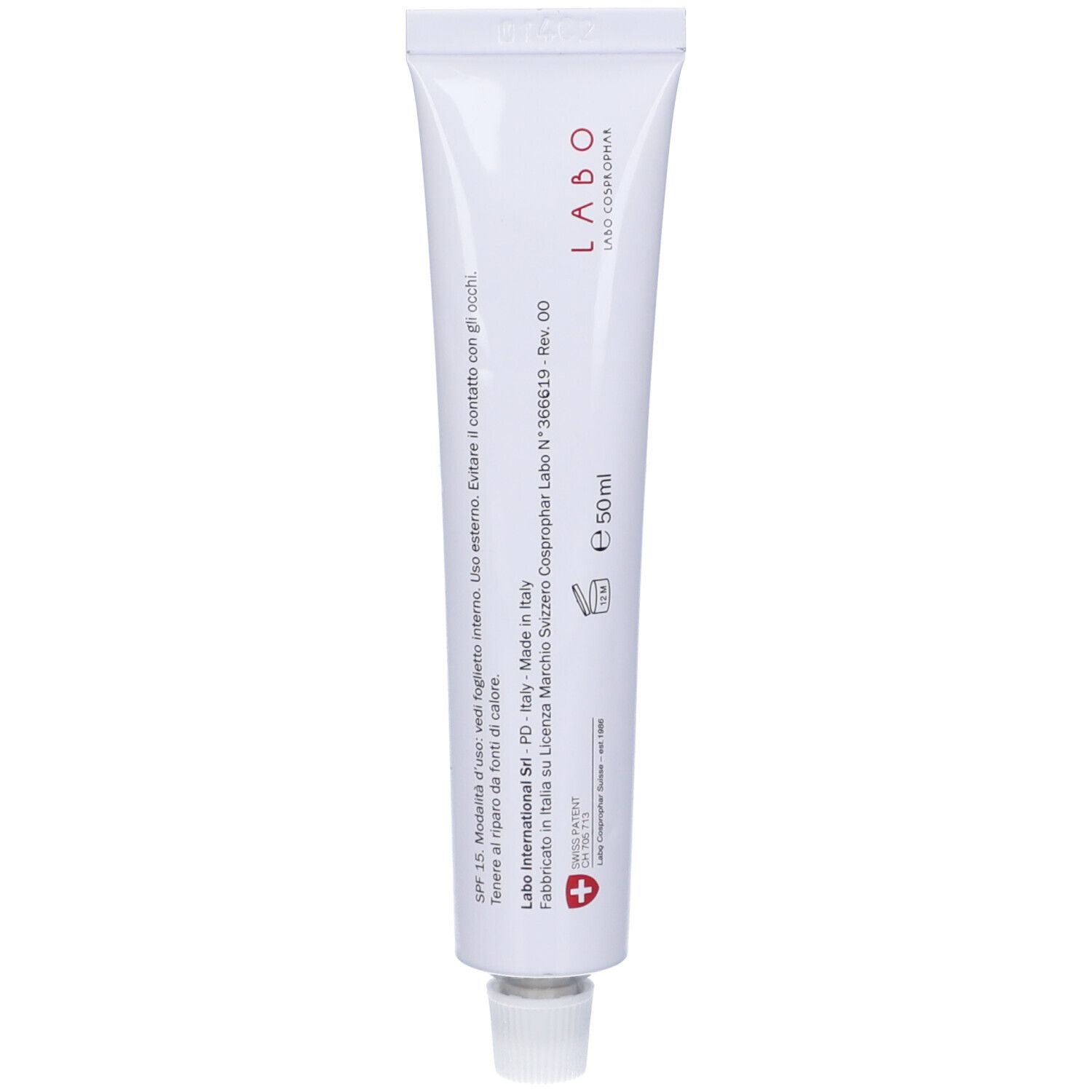 Tubo bianco con scritta LABO. Adesivo croce rossa. 50 ml.