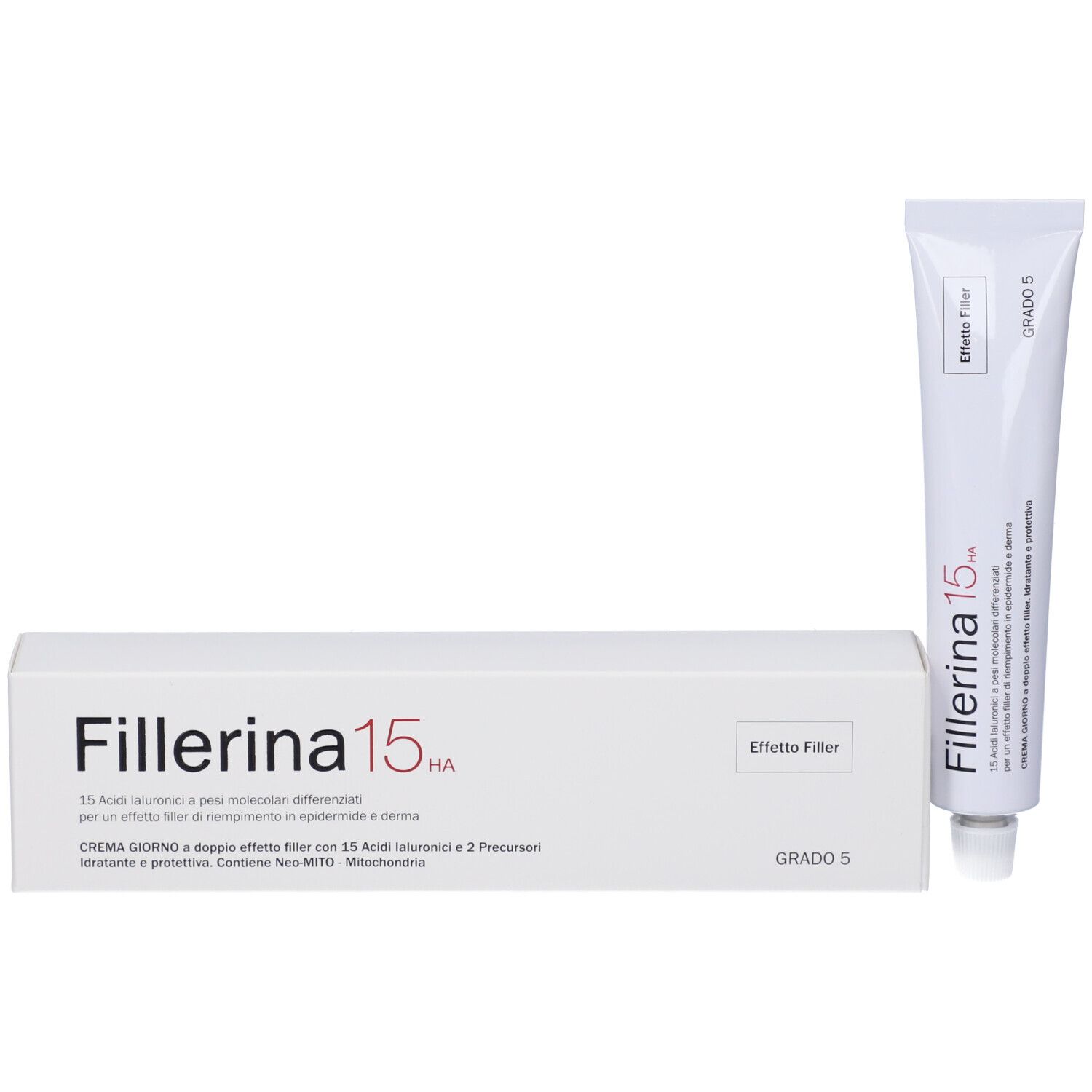 Scatola bianca con tubo. Scritta Fillerina 15 HA. Grado 5. Effetto Filler.