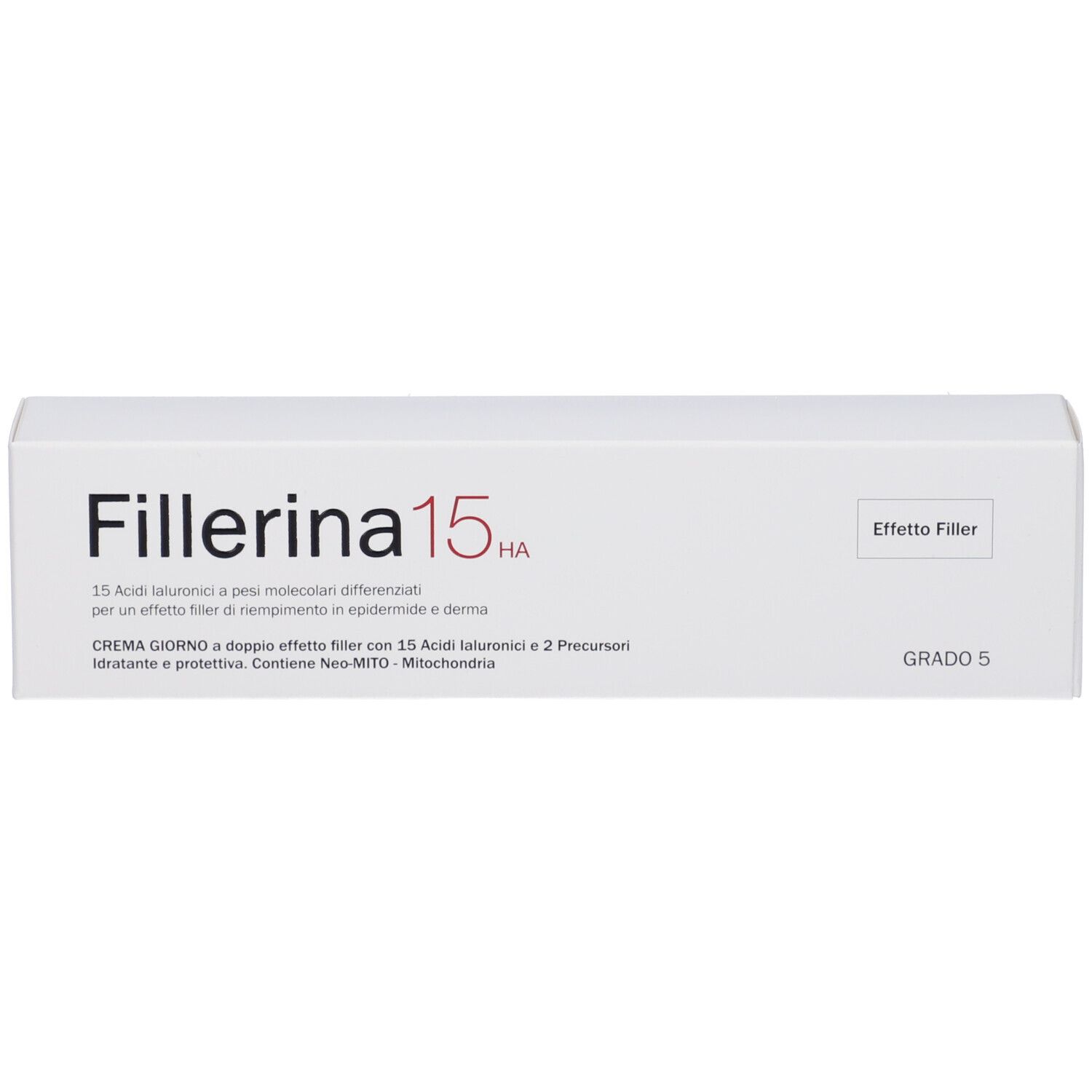 Scatola bianca con scritta Fillerina 15 HA. Grado 5. Effetto Filler.