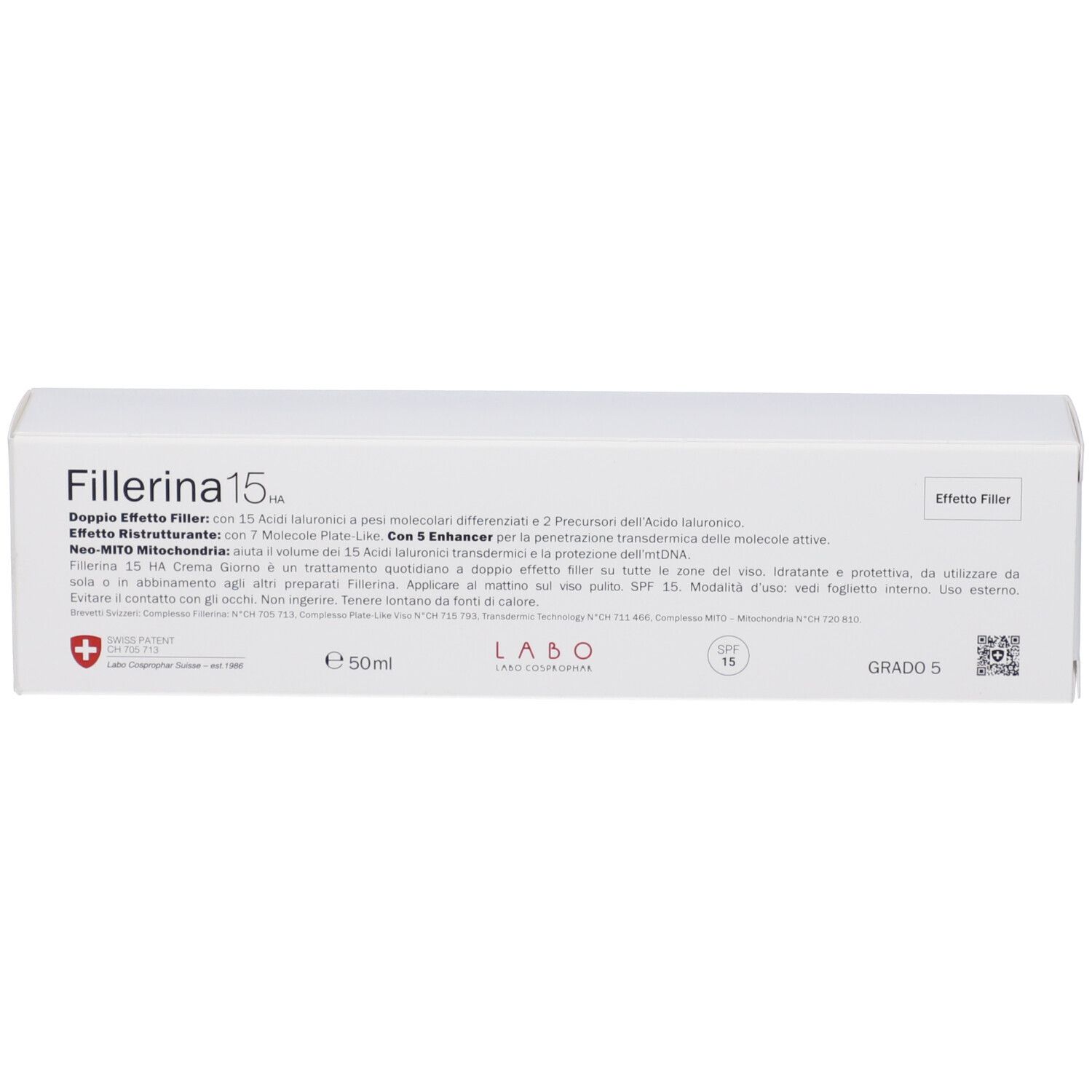 Scatola bianca con scritta Fillerina 15 HA. Grado 5. Effetto Filler. 50ml.