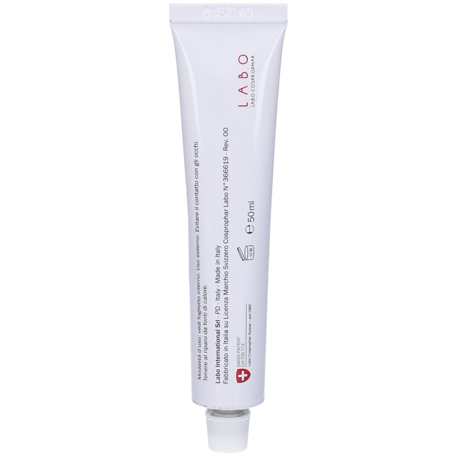 Tubo bianco con nome del prodotto, scritta "E 50ml" e croce rossa.