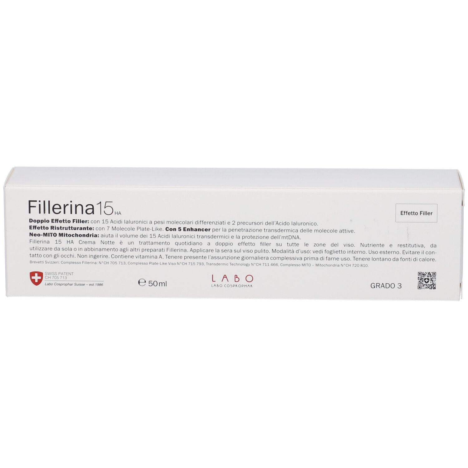 Confezione con nome del prodotto, scritta "E 50ml" e croce rossa.