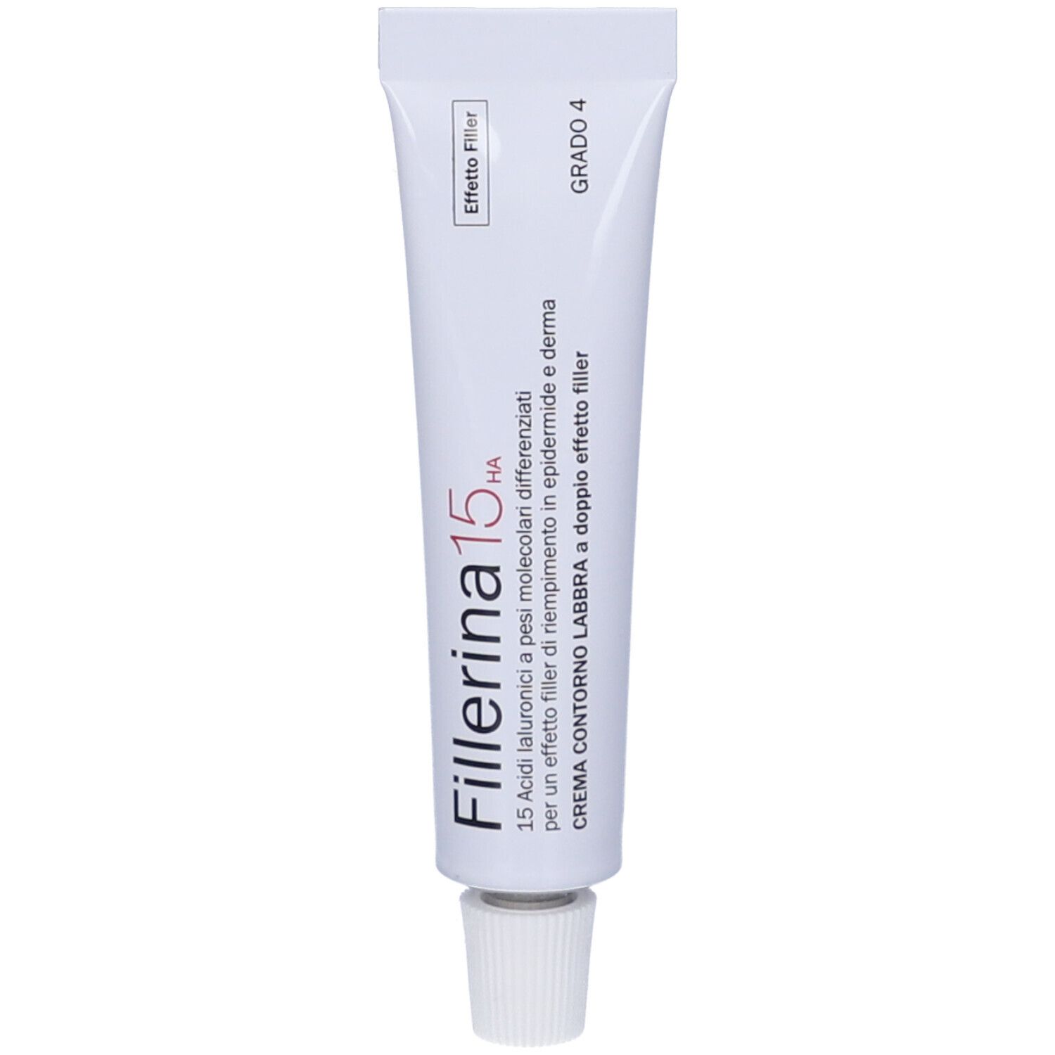 Tubo bianco con scritta Fillerina 15 HA, Grado 4. Contiene acido ialuronico. Tappo in basso.