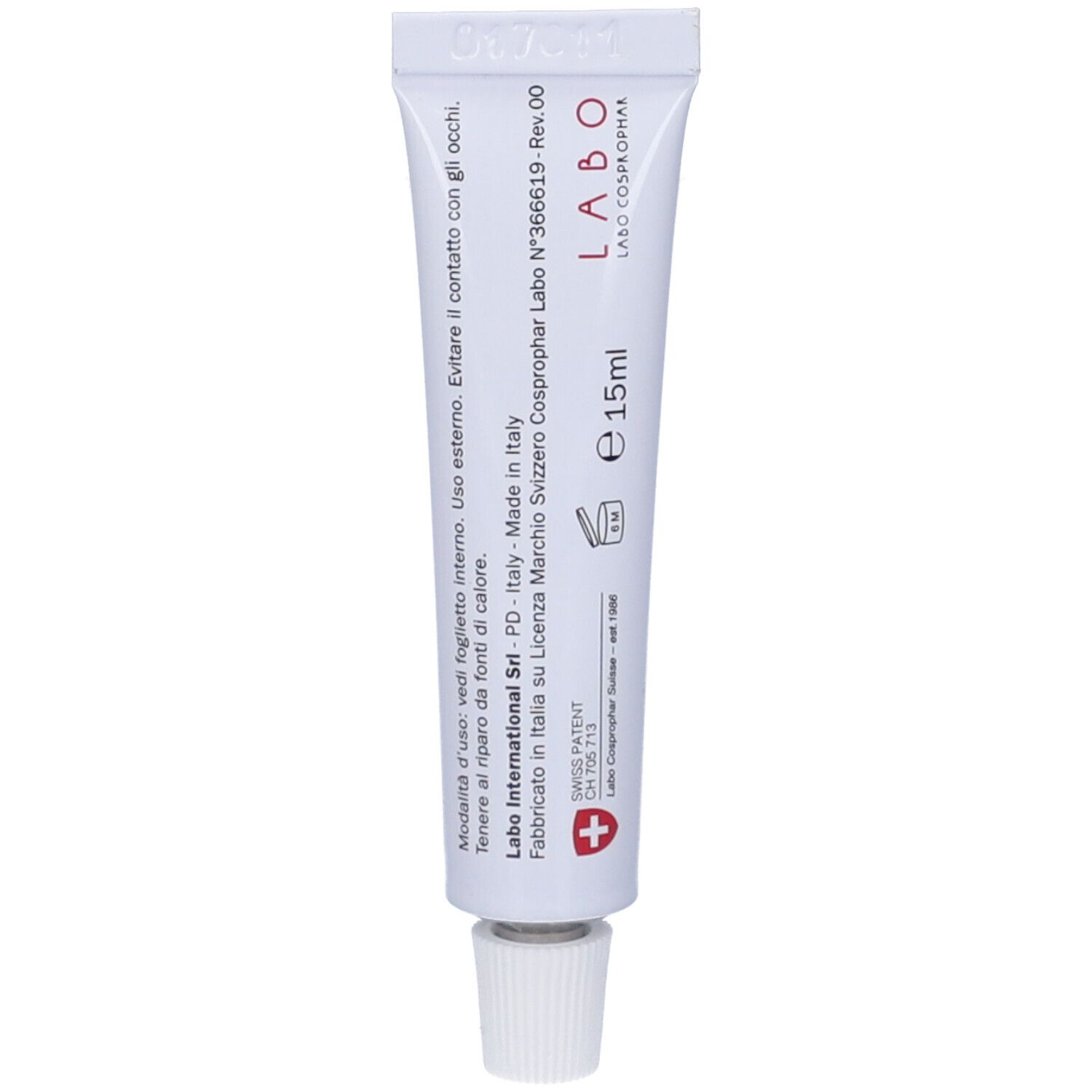 Tubo bianco con logo Labo e 15ml. Informazioni per l'uso e produttore. Croce svizzera.