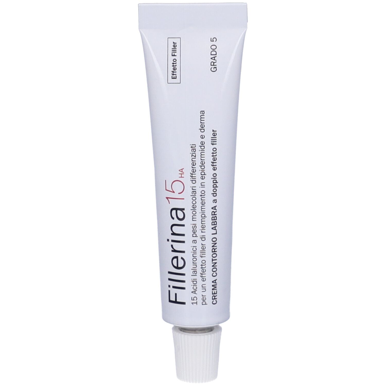 Tubo bianco con tappo a vite. Scritta: Fillerina 15 HA, Grado 5. Testo in italiano.