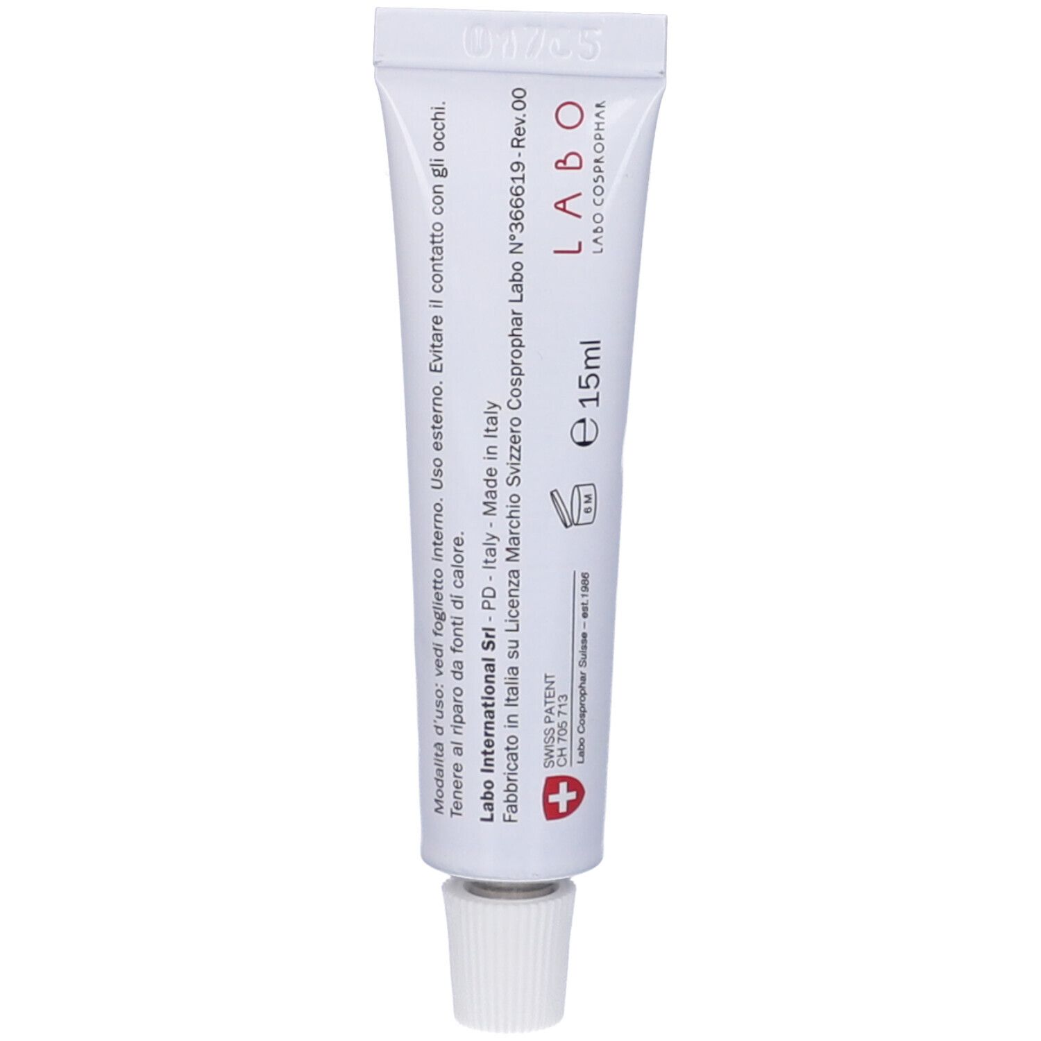 Tubo bianco con tappo a vite. Scritta: LABO, e15ml. Testo in italiano.