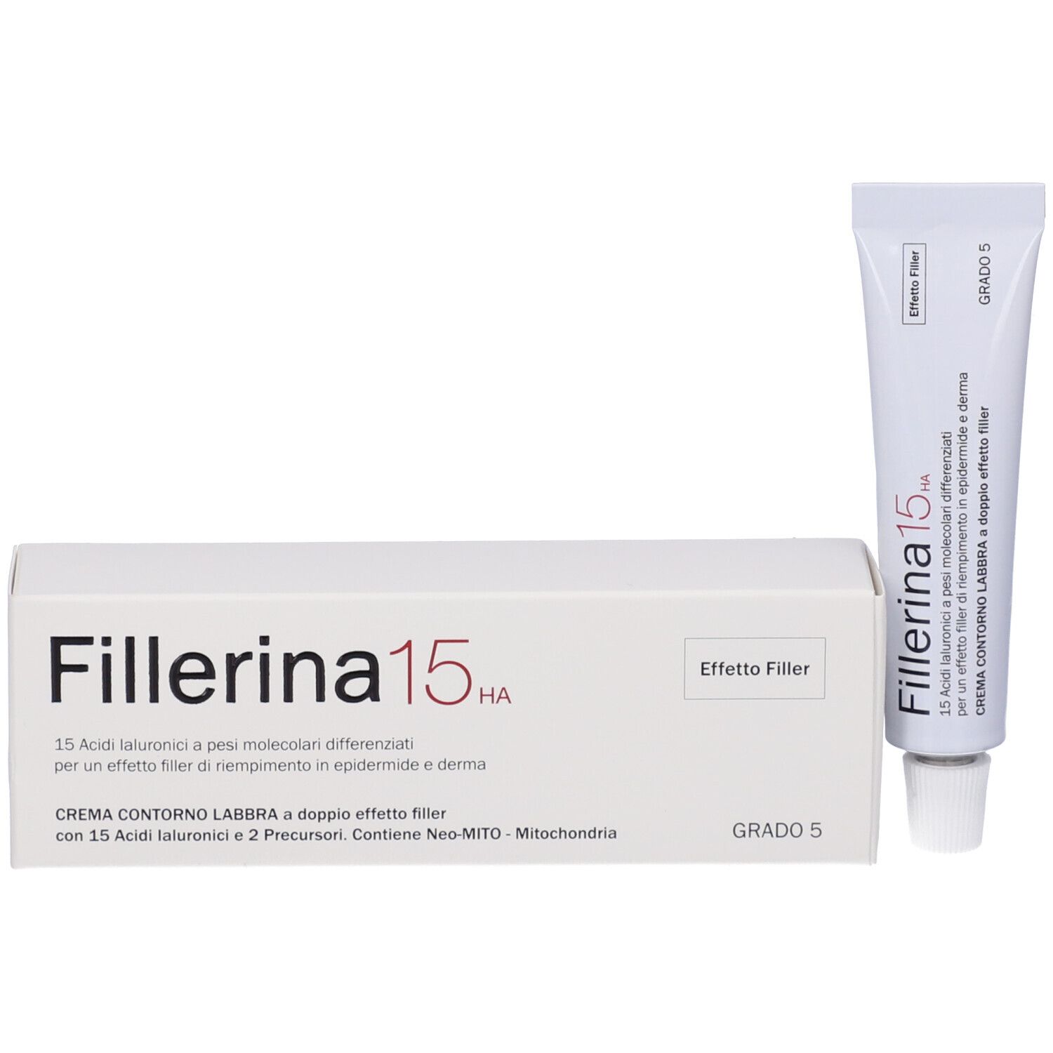 Confezione e tubo. Confezione: scatola bianca con scritta Fillerina 15 HA, Grado 5. Tubo: bianco, con tappo a vite.