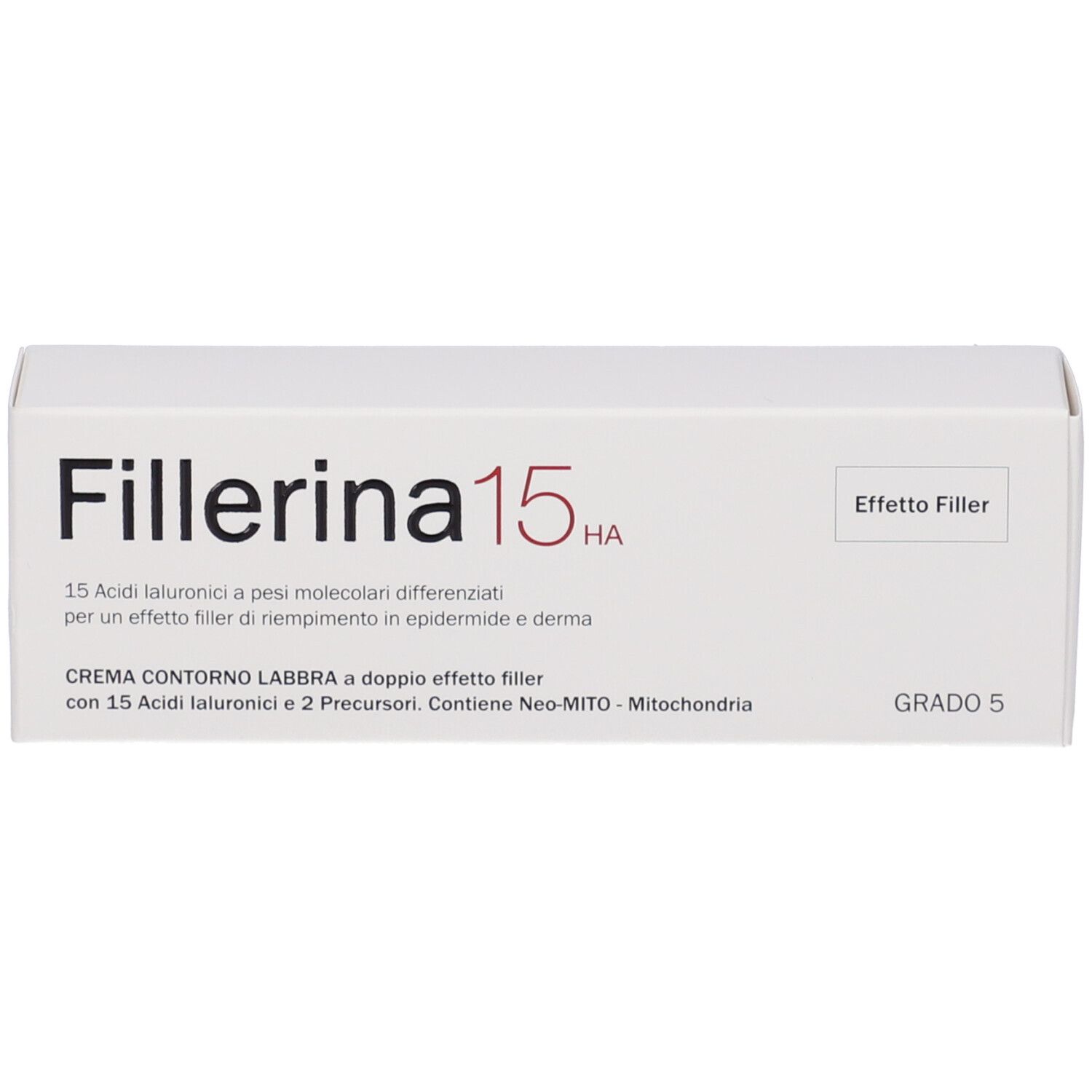 Scatola bianca con scritta Fillerina 15 HA, Grado 5. Testo in italiano. Forma quadrata.