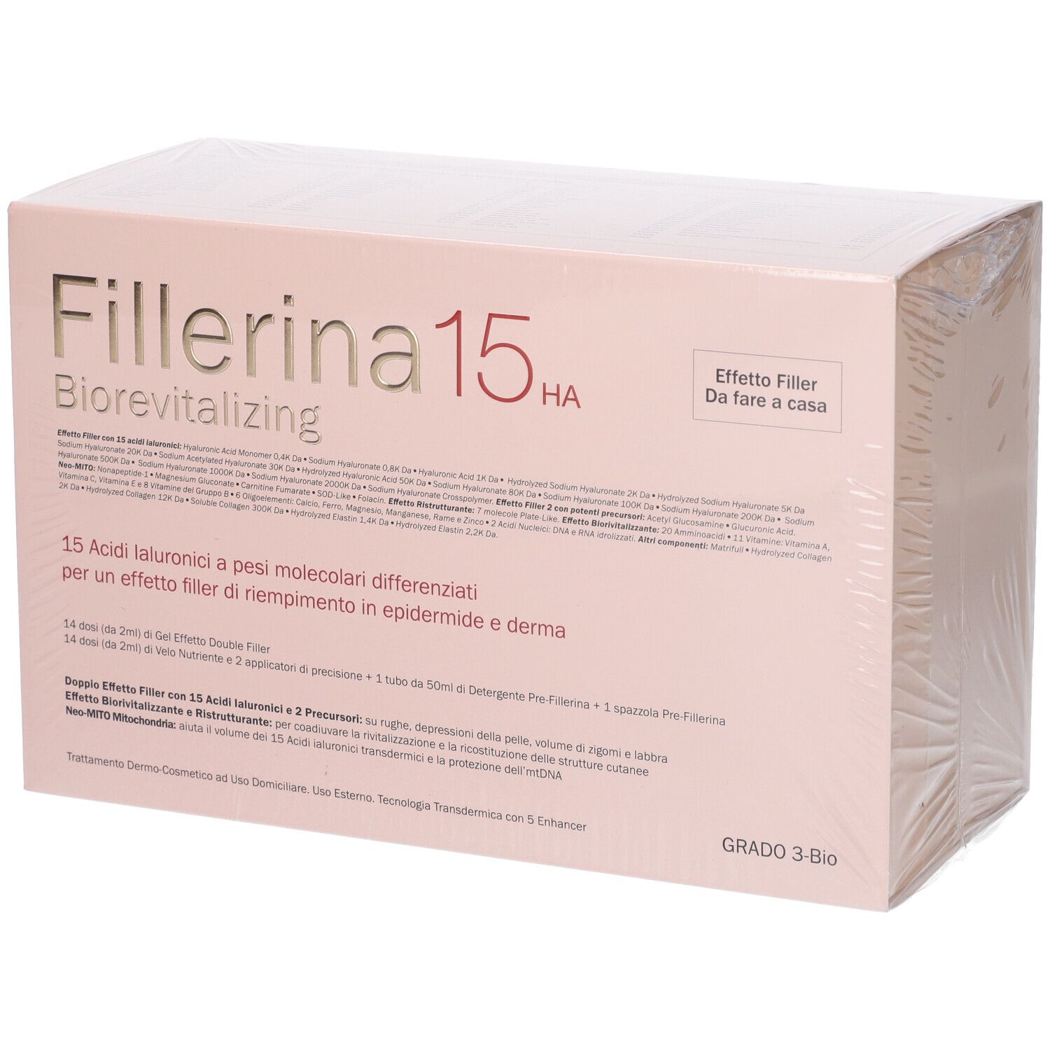 Confezione Fillerina 15 HA Biorevitalizing. Scatola rosa, pellicola trasparente. Testo e logo visibili.