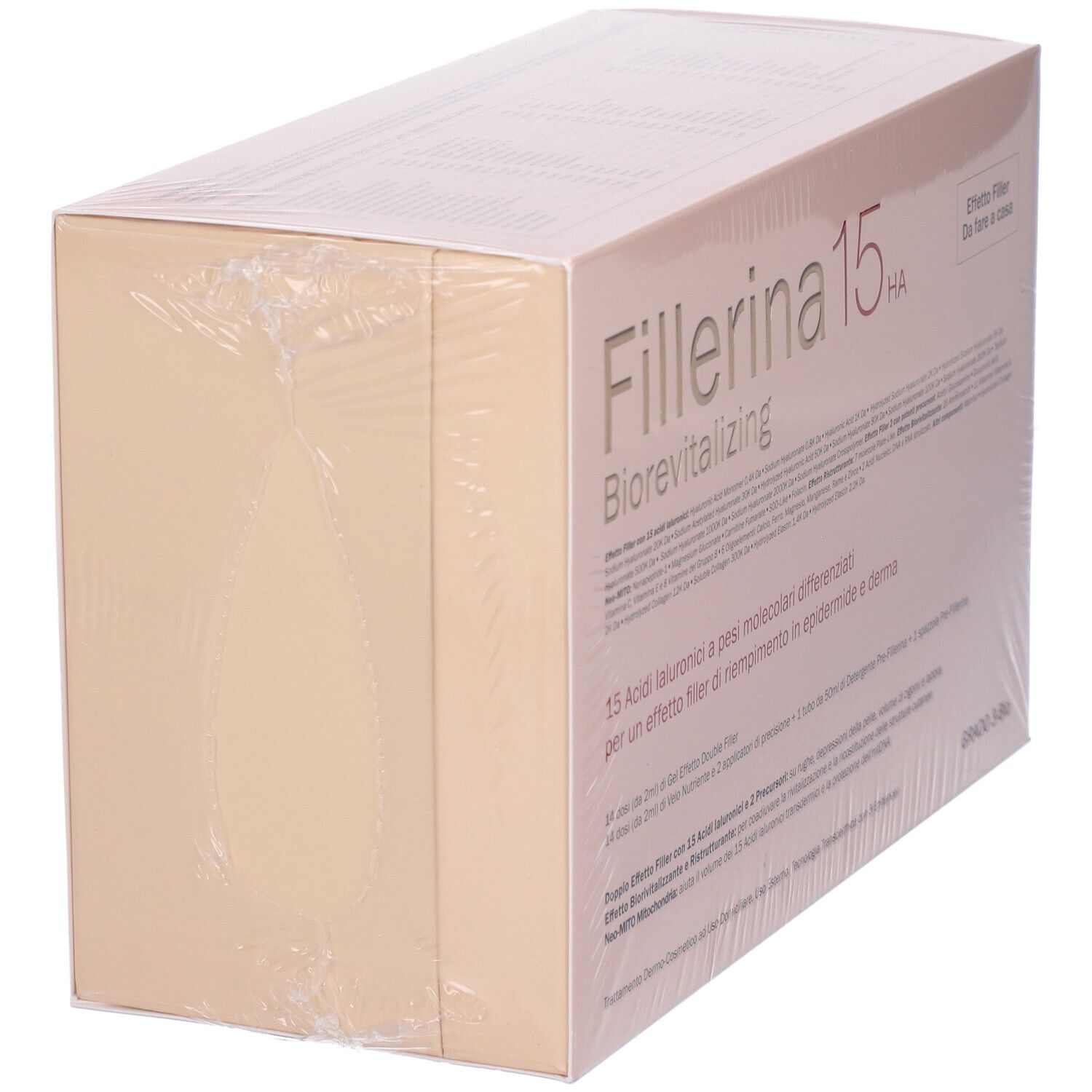 Confezione Fillerina 15 HA Biorevitalizing. Scatola rosa, pellicola trasparente. Vista laterale.