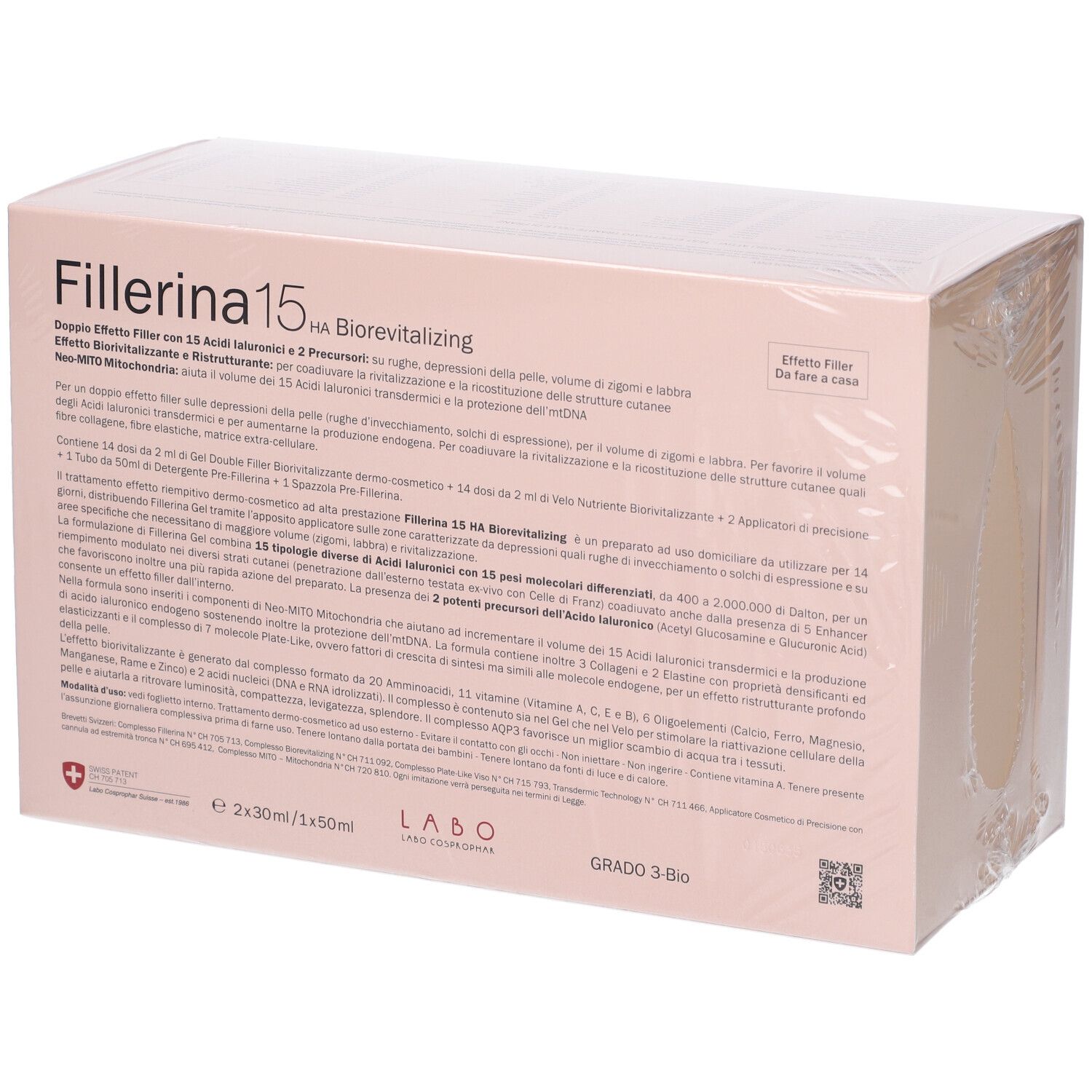 Confezione Fillerina 15 HA Biorevitalizing. Scatola rosa, pellicola trasparente. Dettagli testo visibili.
