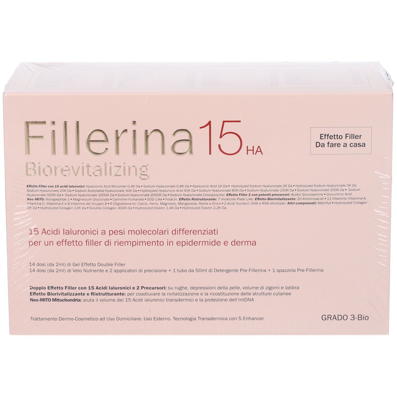 Confezione Fillerina 15 HA Biorevitalizing. Scatola rosa, pellicola trasparente. Dettagli testo visibili.