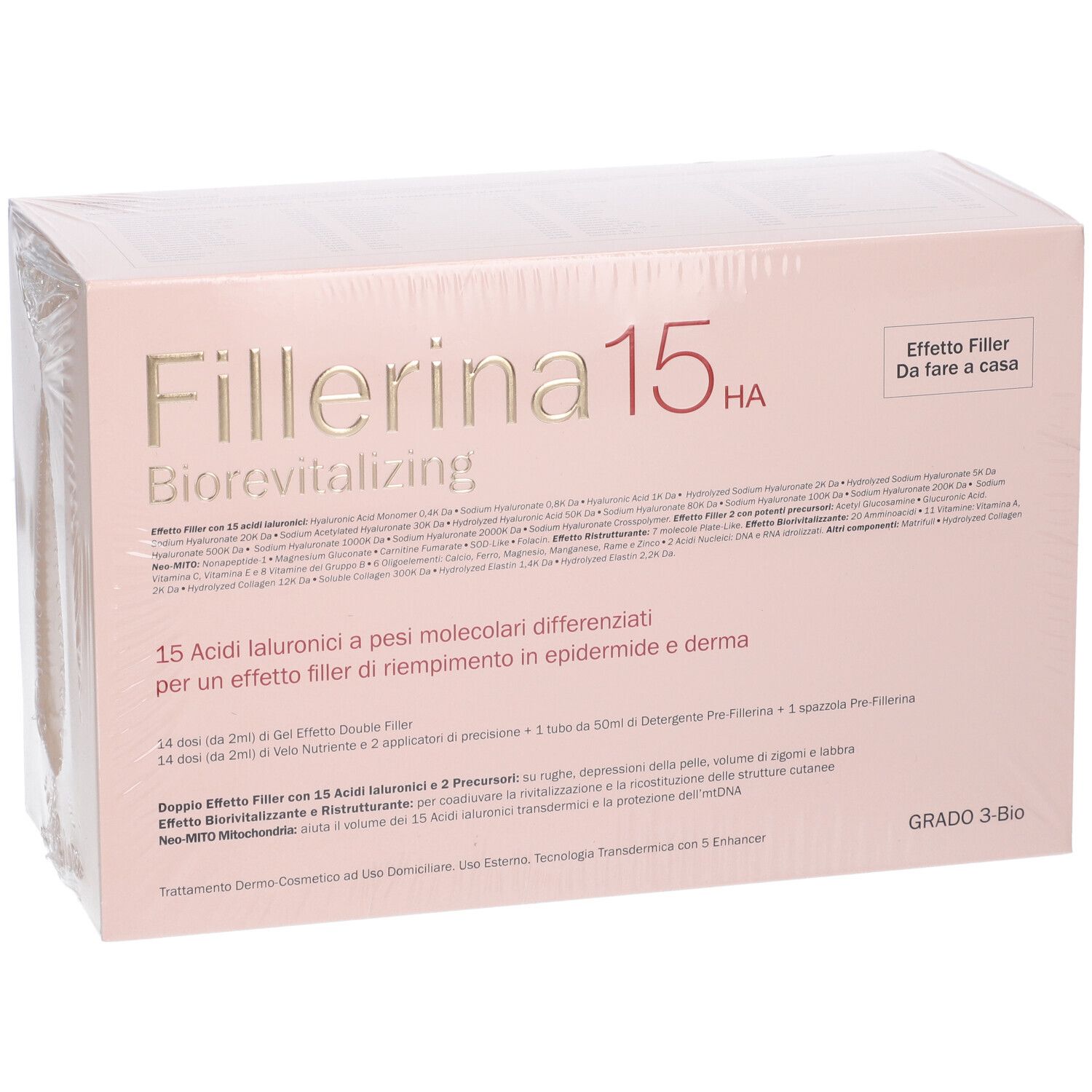 Confezione Fillerina 15 HA Biorevitalizing. Scatola rosa, pellicola trasparente. Dettagli testo visibili.