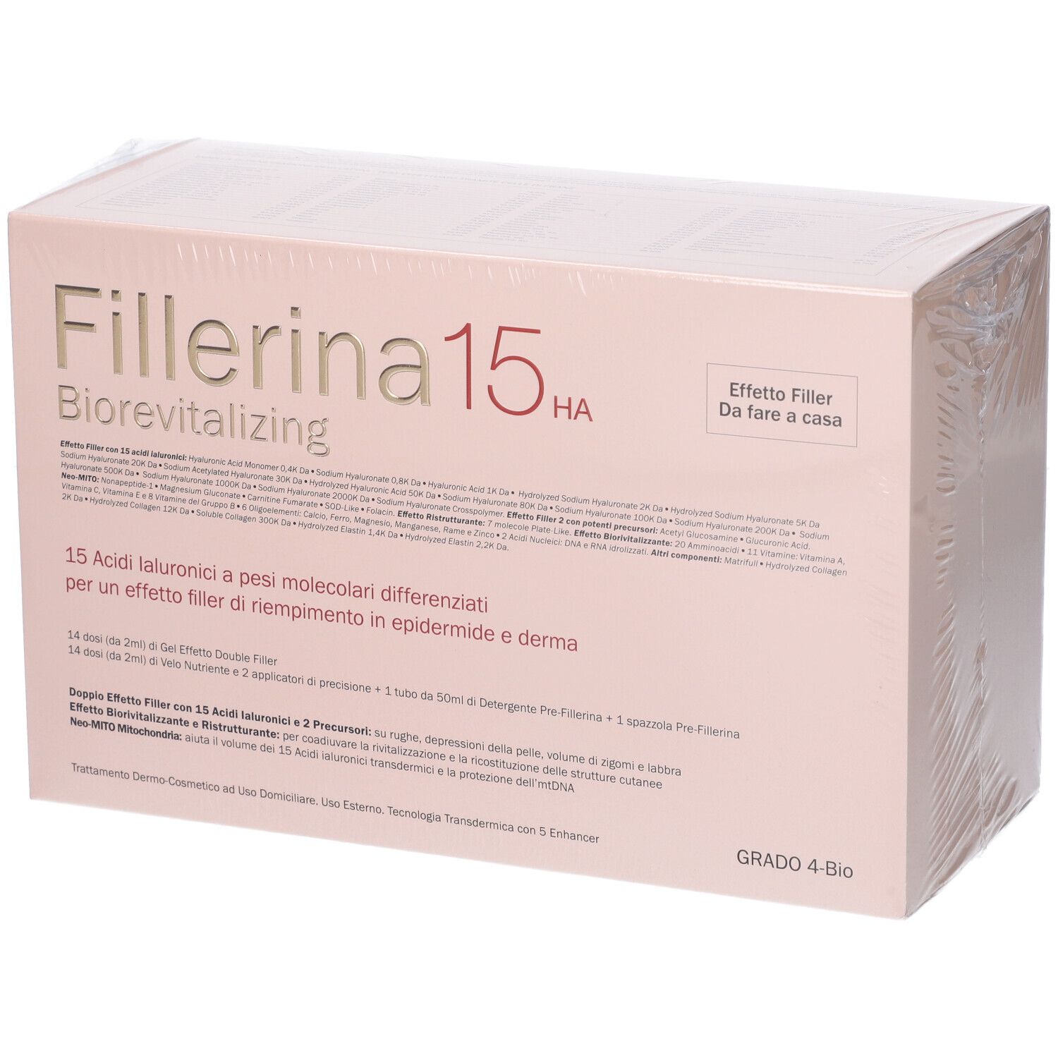 Confezione Fillerina 15 HA Biorevitalizing. Scatola rosa con testo e logo. Grado 4-Bio. Effetto Filler.